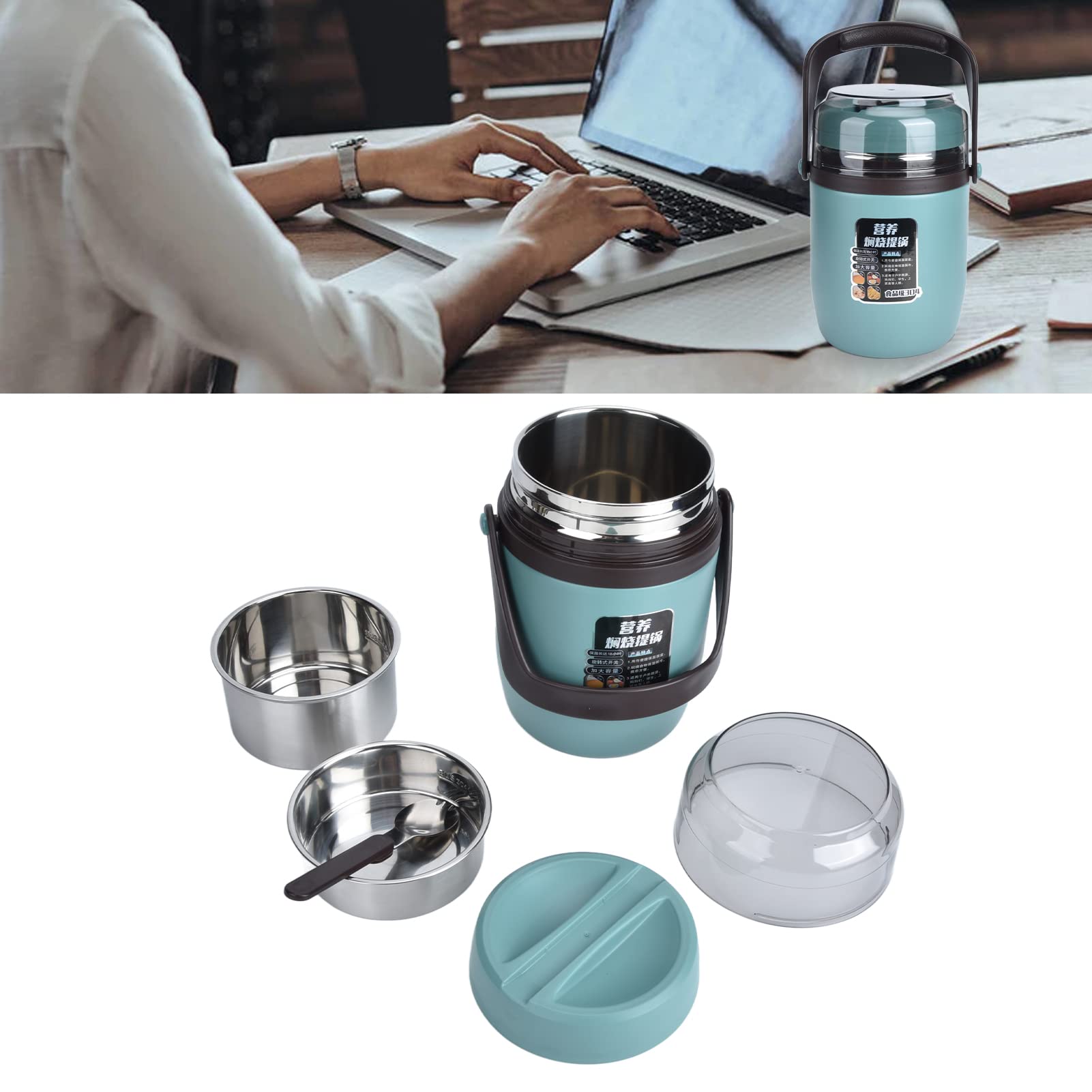 Contenedor de alimentos con aislamiento de acero inoxidable 304, lonchera, termo para comida caliente, lonchera térmica apilable multicapa a prueba de fugas de 2 litros (verde menta)