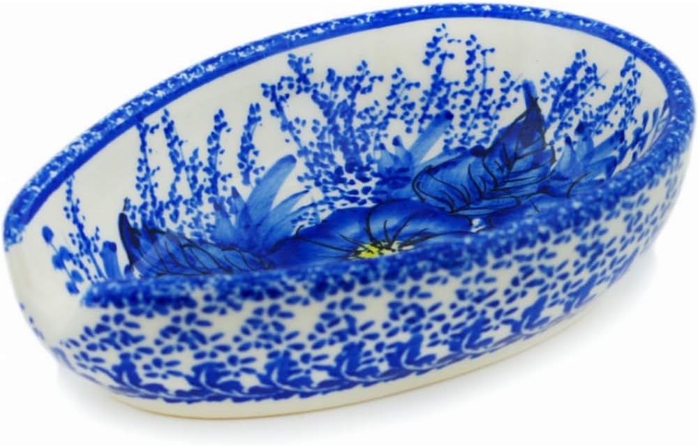 Polmedia Polish Pottery Spoon Rest UNIKAT - Blue Poppy Dream Pattern Handmade in Boleslawiec Poland by Ceramika Bona + Certificate of Authenticity