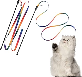 PELLUM Cat Toys, Cat Rainbow Wand Toy Cat Teaser Toy, Interactive Cat Toy Wand Kitten Toys, Colorful Ribbon Charmer for Indoor Cats to Play Chase Exercise (2PCS Ribbon)
