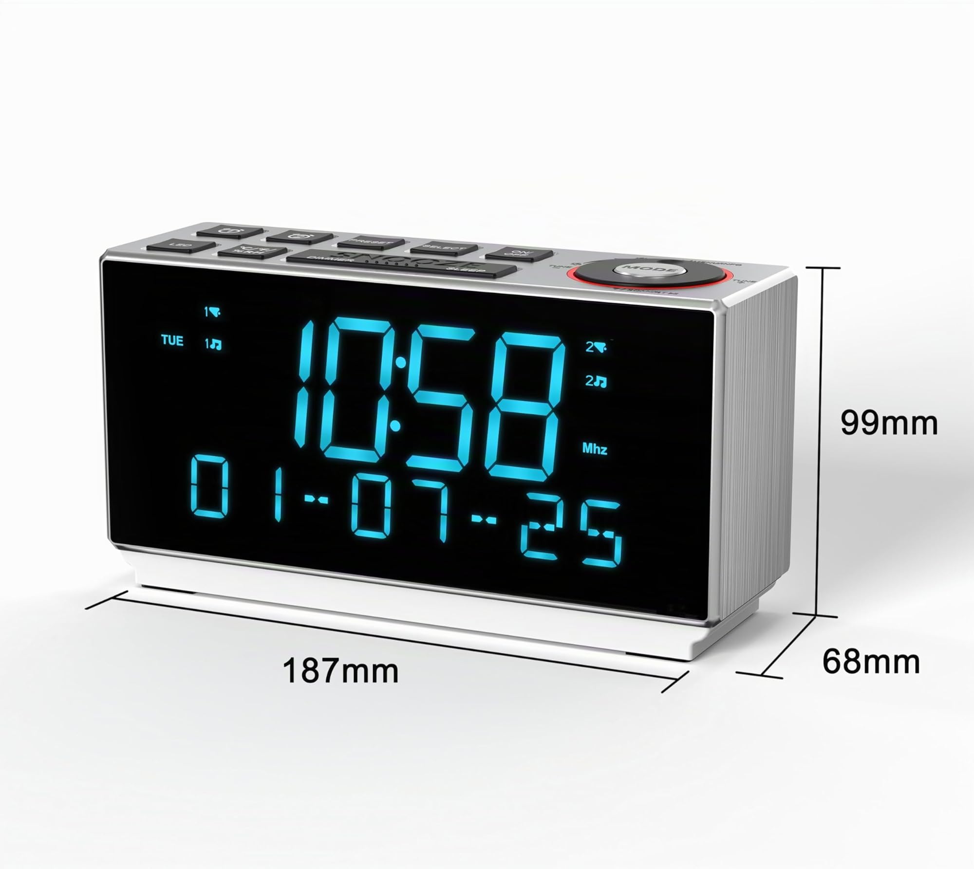 Radio-réveil DAB+ et FM avec Bluetooth, 40 préréglages, écouteurs, double réveil avec répétition et minuterie de sommeil, deux ports de charge, intensité variable, affichage de la température et de