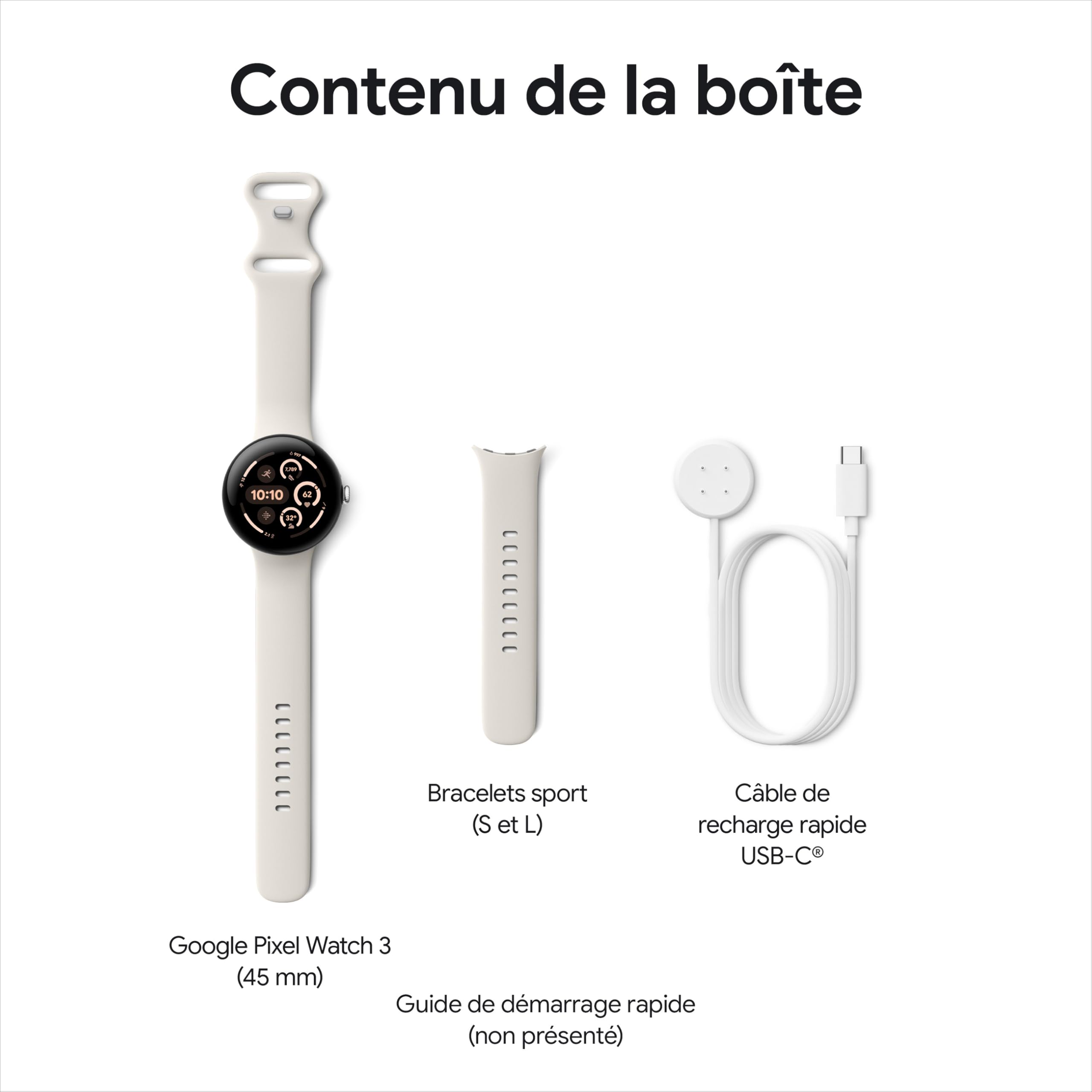 Google Pixel Watch 3 (45 mm) — Boîtier Noir Mat — Bracelet Noir Volcanique — Wi-FI
