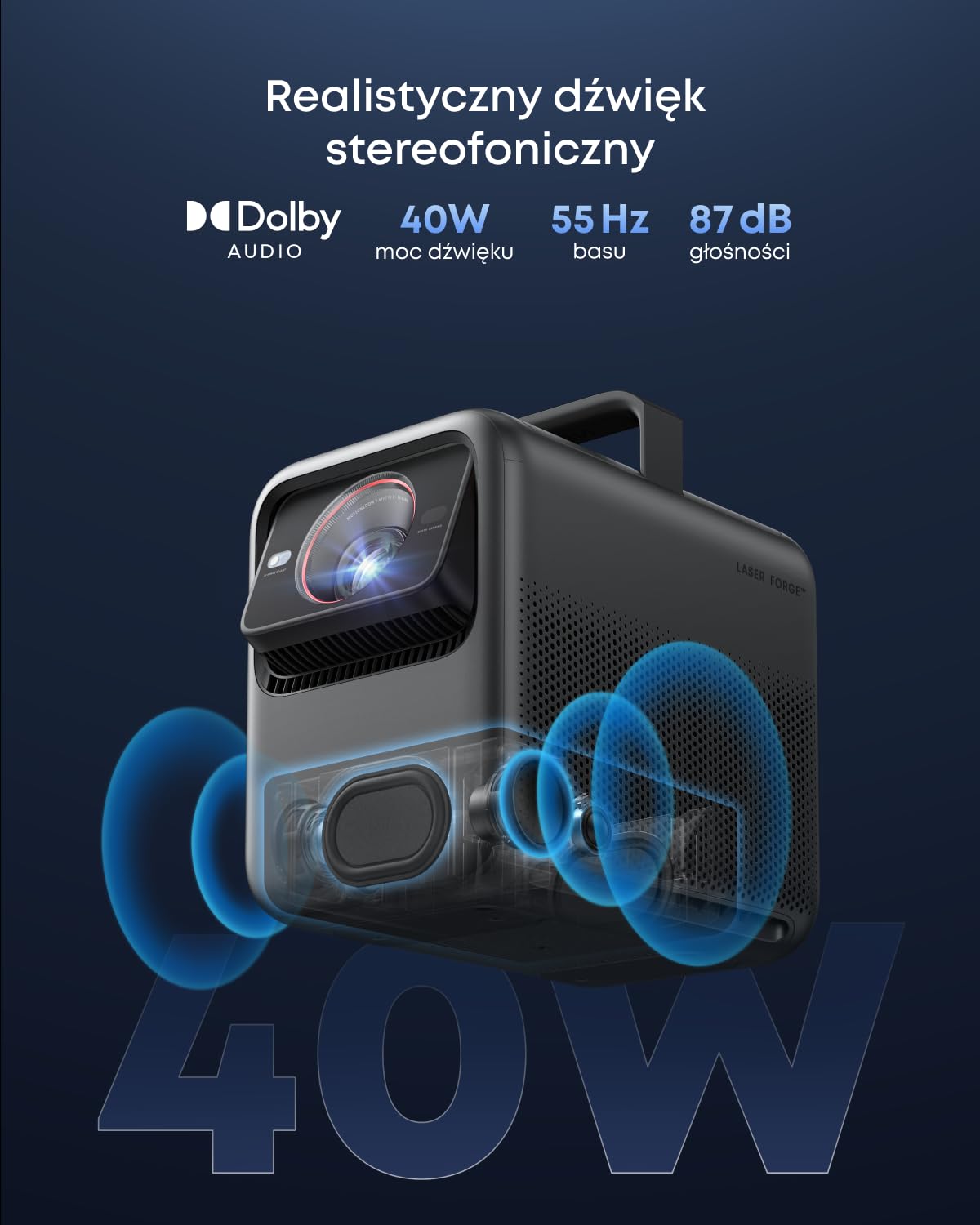 Projektor NEBULA X1 z trzema laserami 4K, Nebulamaster, 3500 lumenów ANSI, kontrast 56000:1, dźwięk stereo 40 W, zoom optyczny 0,9–1,5, sztuczna inteligencja, Dolby Vision, ekran 300 cali