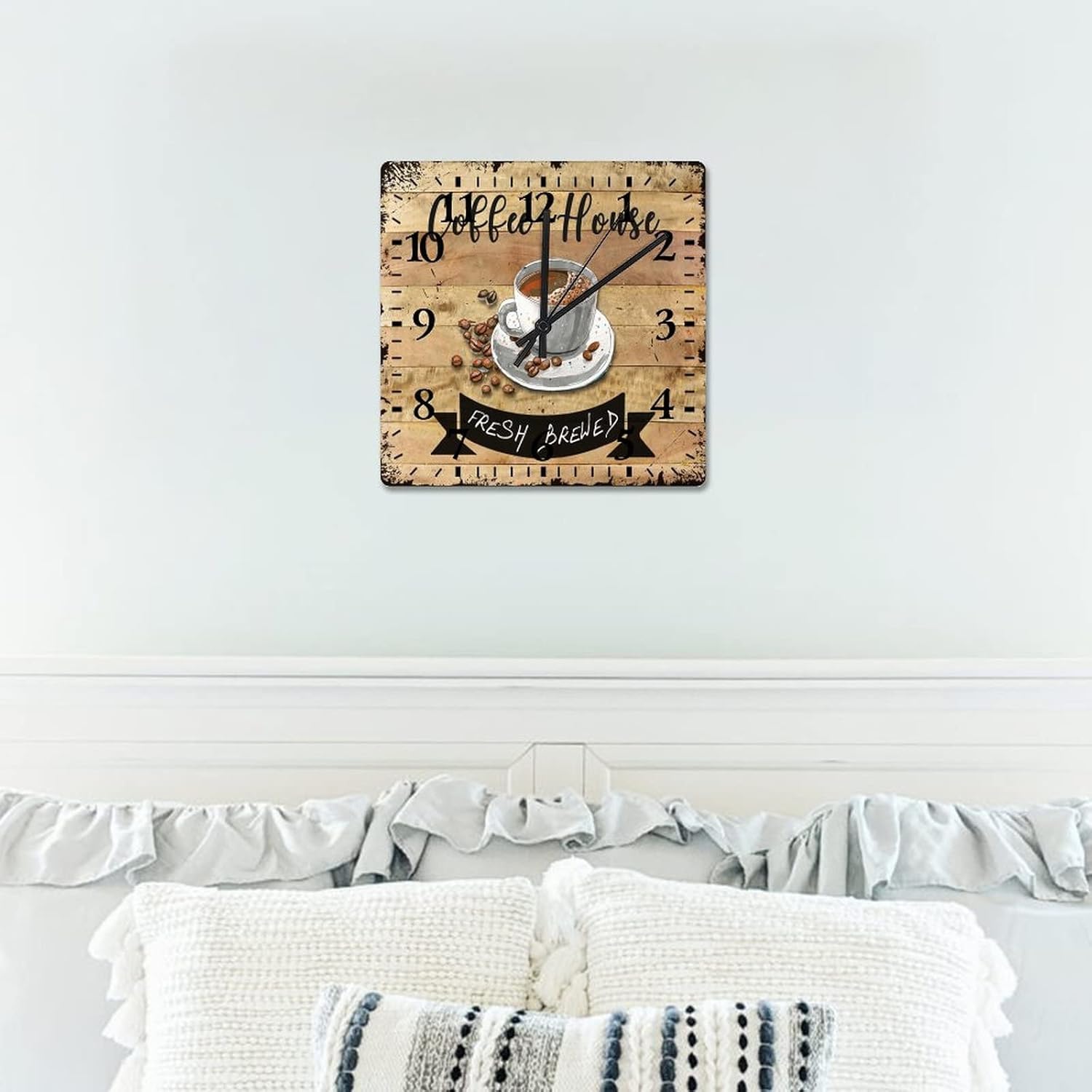 Clock Wood Coffee House Modern Clock Quartz Analog Quiet Arabic Numbers Latte Coffee Square Clock for Kids Room and Kitchen 10 Inch