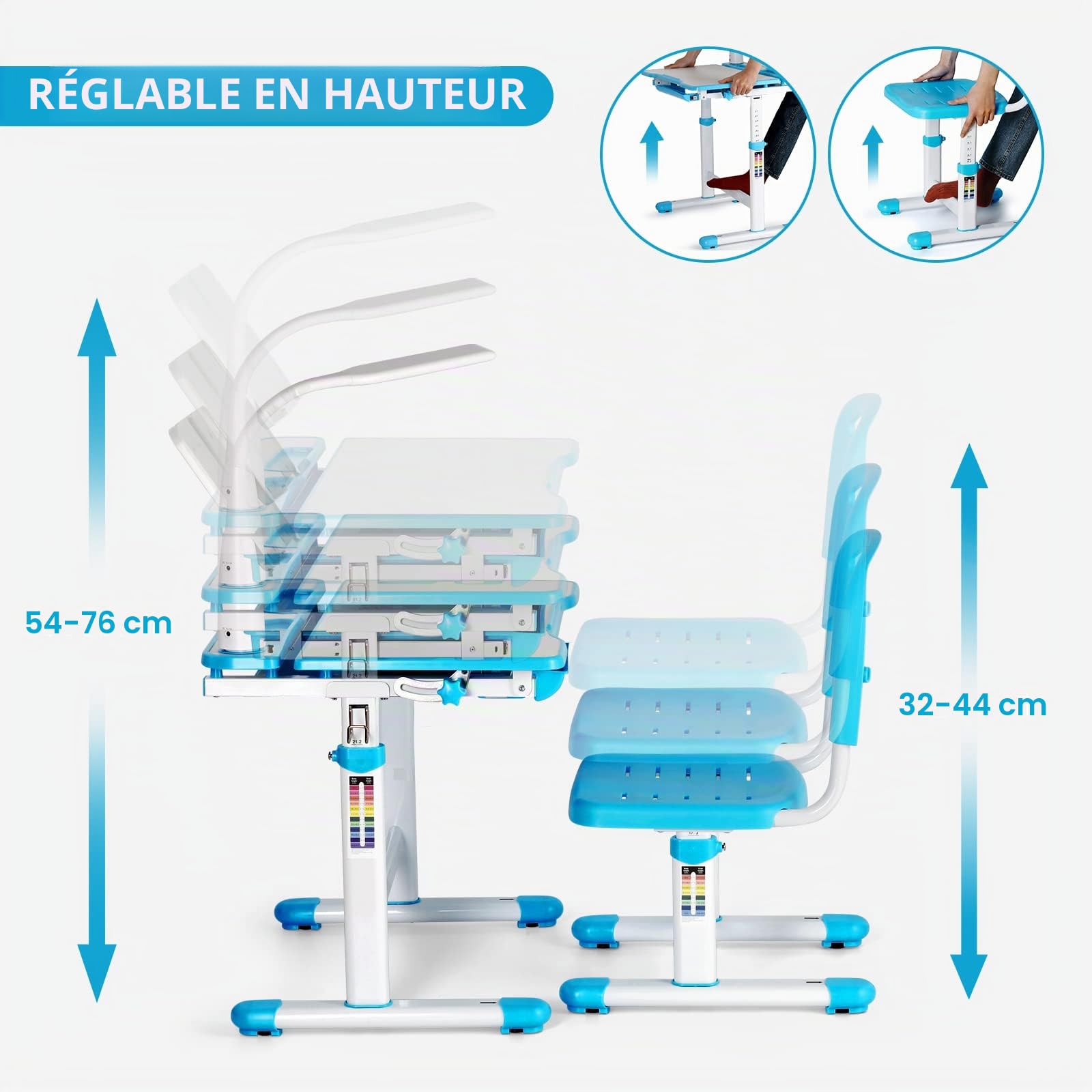 JOYLDIAS Bureau pour Enfant réglable en Hauteur avec Lampe et Chaise et tiroir avec Petit Seau