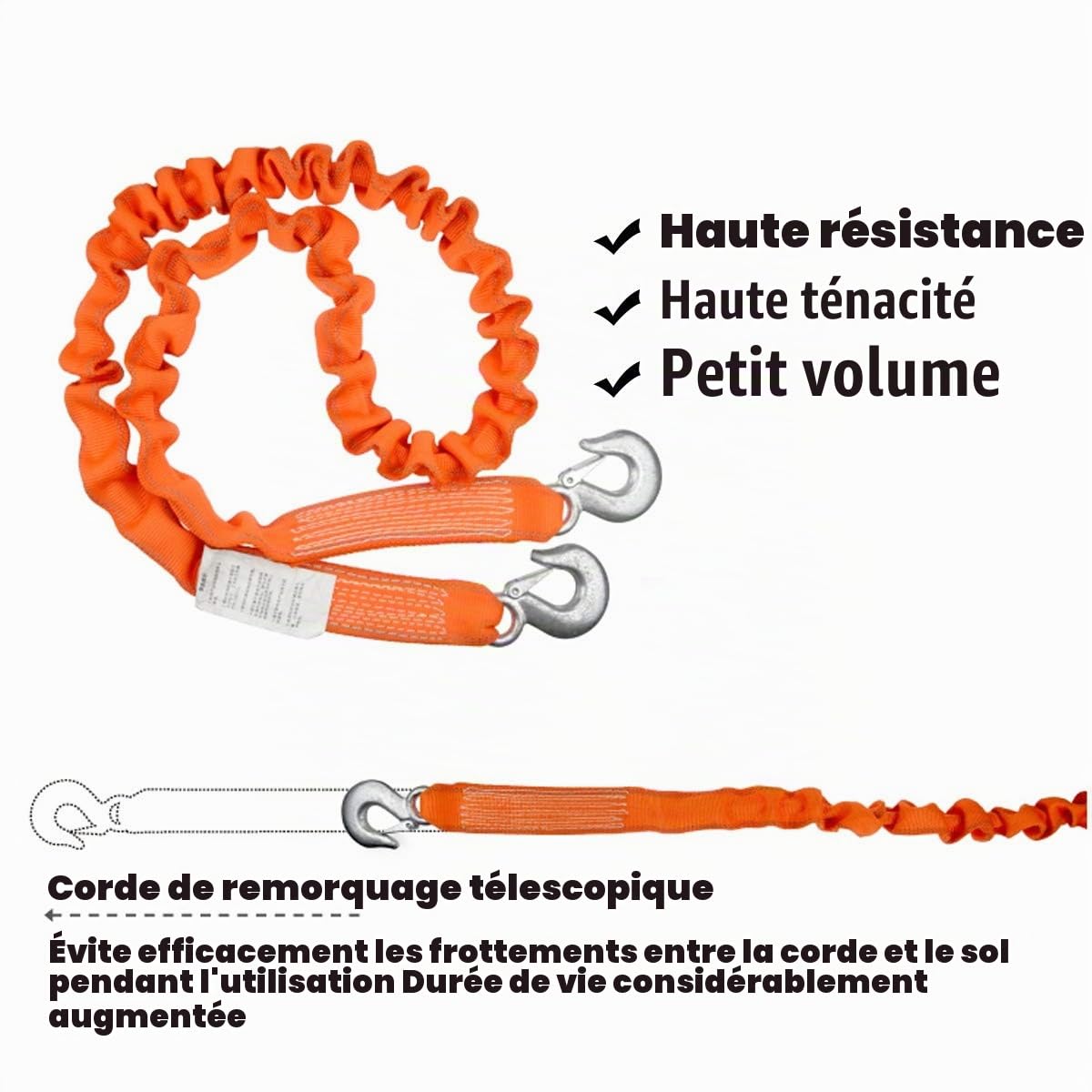 Câble de Remorquage de 5 Tonnes, Corde de Remorquage Élastique, 1,8 m Peut Être Étirée À 4 m, Sangle de Remorquage pour Voiture/SUV/Véhicule Agricole