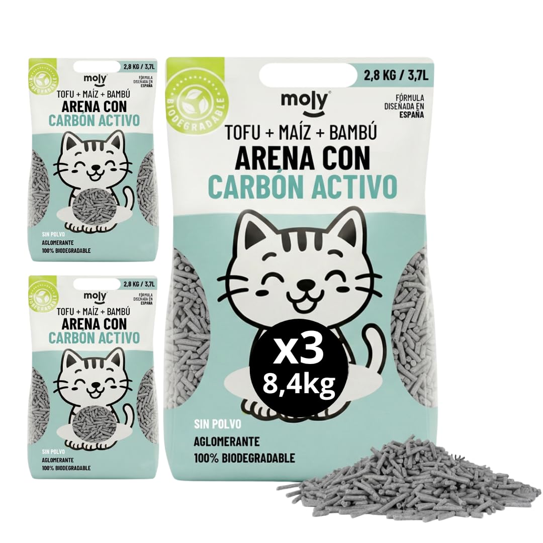 MOLY x3 Arena para Gatos Carbón Activo Biodegradable 8,4 KG 11,1 L | Arena Ecológica Vegetal de Bambú y Maíz Aglomerante | Alta Absorción y Bajo Polvo | Lecho Natural Compostable | Control de Olores