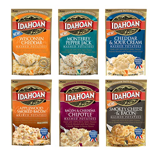 Idahoan Mashed Potatoes Variety Bundle of 6 4 oz. Wisconsin Cheddar, Monterey Pepper Jack, Applewood Smoked Bacon, Bacon and Cheddar Chipotle, Cheddar and Sour Cream, Smokey Cheese and Bacon