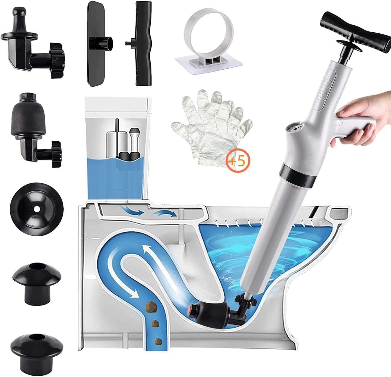 9 in 1 White Air Pressure Plunger Kits,Air Drain Blaster Gun Plunger High Pressure with 5 Heads,Dashboard Barometer,Sewer Toilet Kitchen Sink For Clogged Toilet Kitchen Bathroom Tubs (Grey)