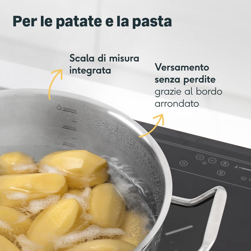 SILBERTHAL Set Pentole 16/20/24 e Padelle 24/28 cm Inox - No Rivest. | Casseruole 16, 20, 24 cm e padelle 24, 28 cm - Acciaio inox senza rivestimento - Per tutti i piani cottura - Grande capacità