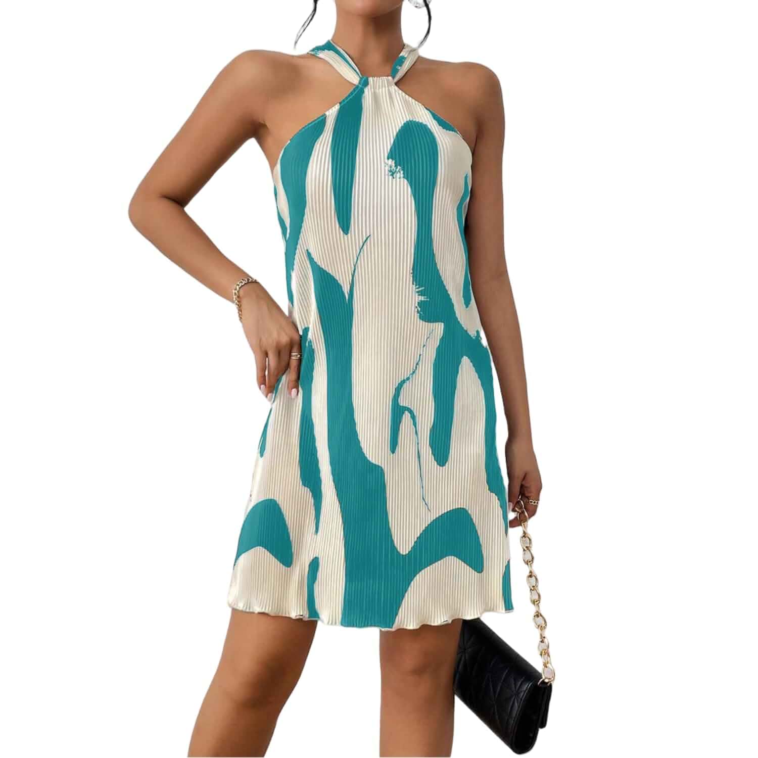 LIGHT DOT Women's Summer Dress Printed Halter Neck Mini Casual Pleated Sundress Party Date Vacation