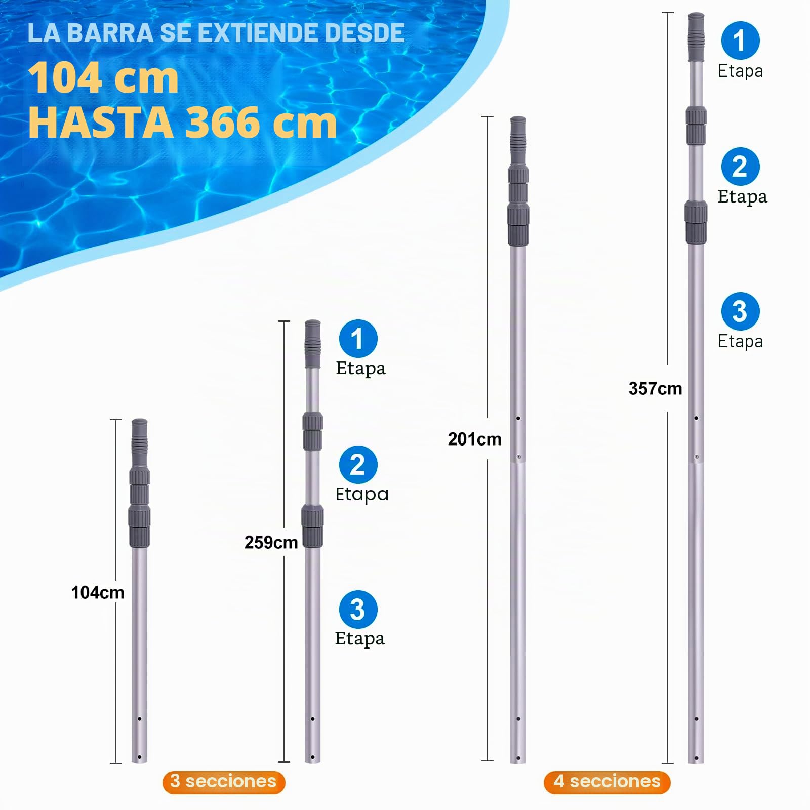 POOLAZA Vara de Piscina - Varillas de limpieza telescópicas profesionales de 3,6 m para piscina, varillas telescópicas ajustables, para red de skimmer, cepillo, cabezal de succión
