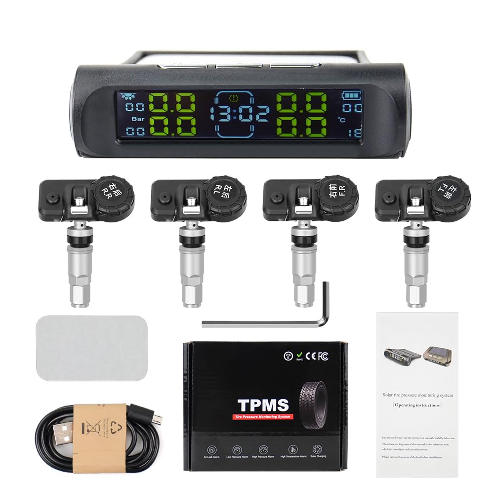Tpms Sistema di monitoraggio della Pressione dei Pneumatici Wireless Universale Display dell'orologio a energia Solare 4 sensori con sensore Esterno(Internal Clock)