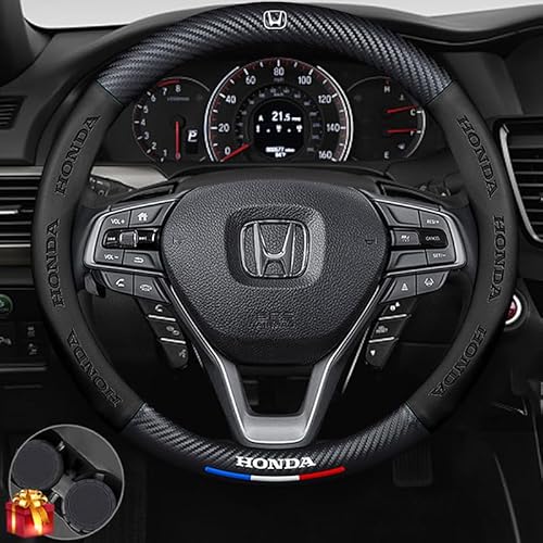 Customized Steering Wheel Cover Compatible with Honda, Nappa Leather & Carbon Fiber Design, Includes 2 Non-Slip Coasters and USB Fast Charging Cable (Black)
