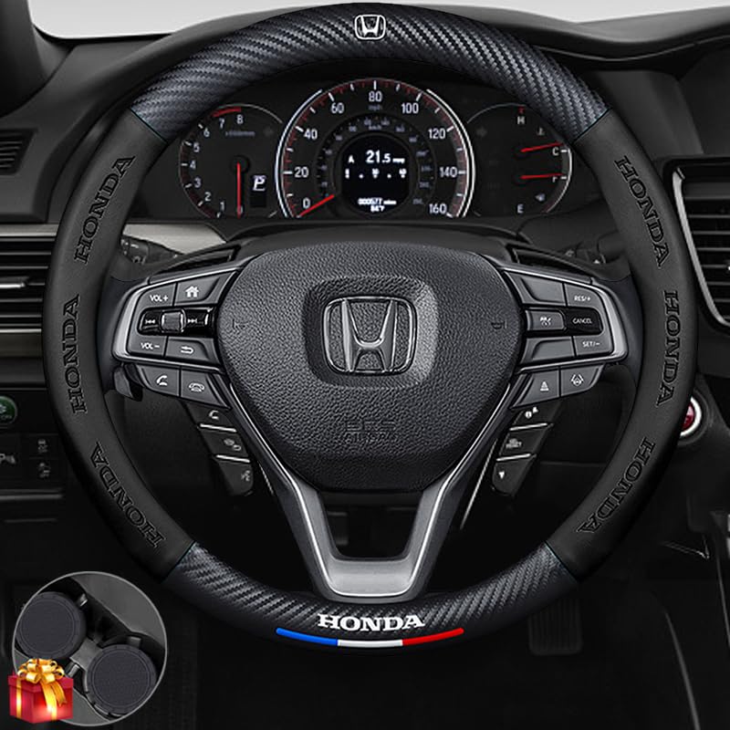 Funda de volante personalizada compatible con Honda, cuero Nappa, diseño de fibra de carbono. Incluye 2 posavasos antideslizantes y cable de carga rápida USB, color negro.
