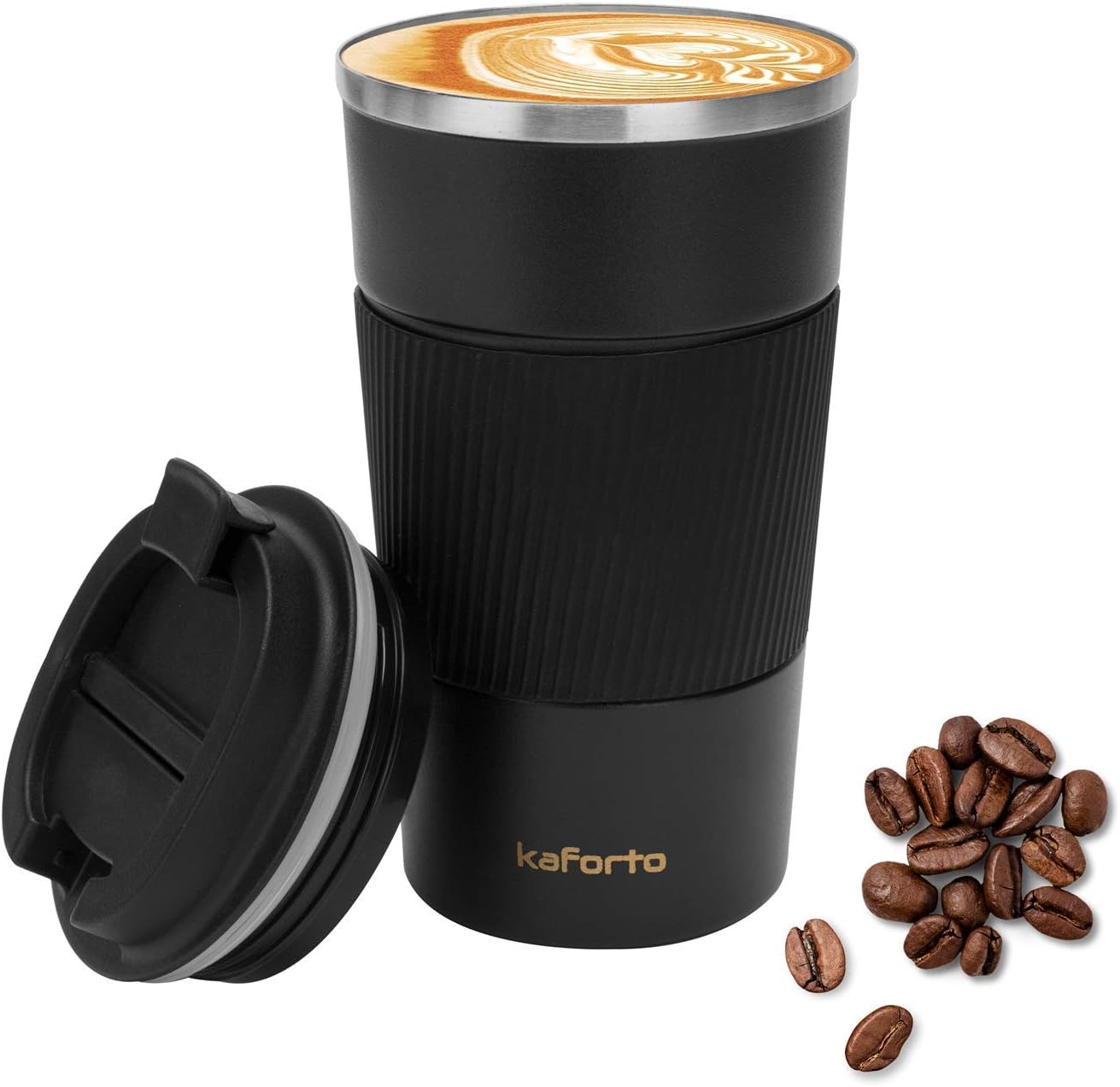 kaforto 16oz Insulated Coffee Travel Mug Stainless Steel Vacuum Coffee Cup Leakproof with Screw Lid Double Wall Coffee Tumbler Reusable Thermal Cup for Hot/Iced Beverage - 510ml, Black