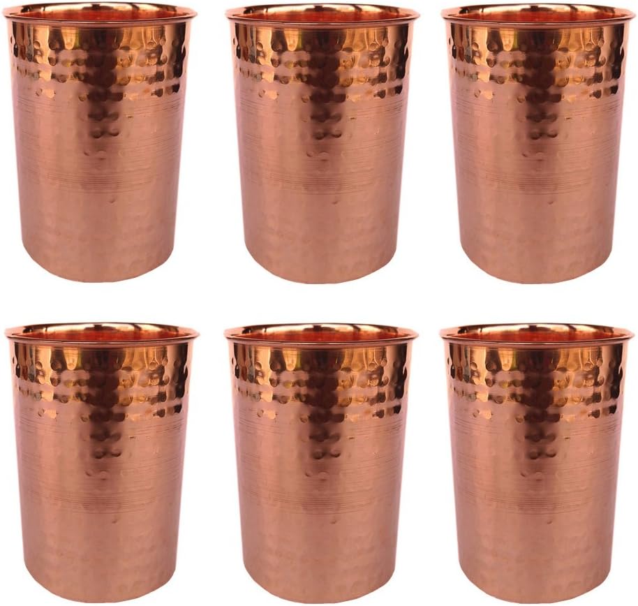 Rastogi Handicrafts Drinking Glass Cup Pure Copper Steins Tumble Glass Mug Hammered Work (6)