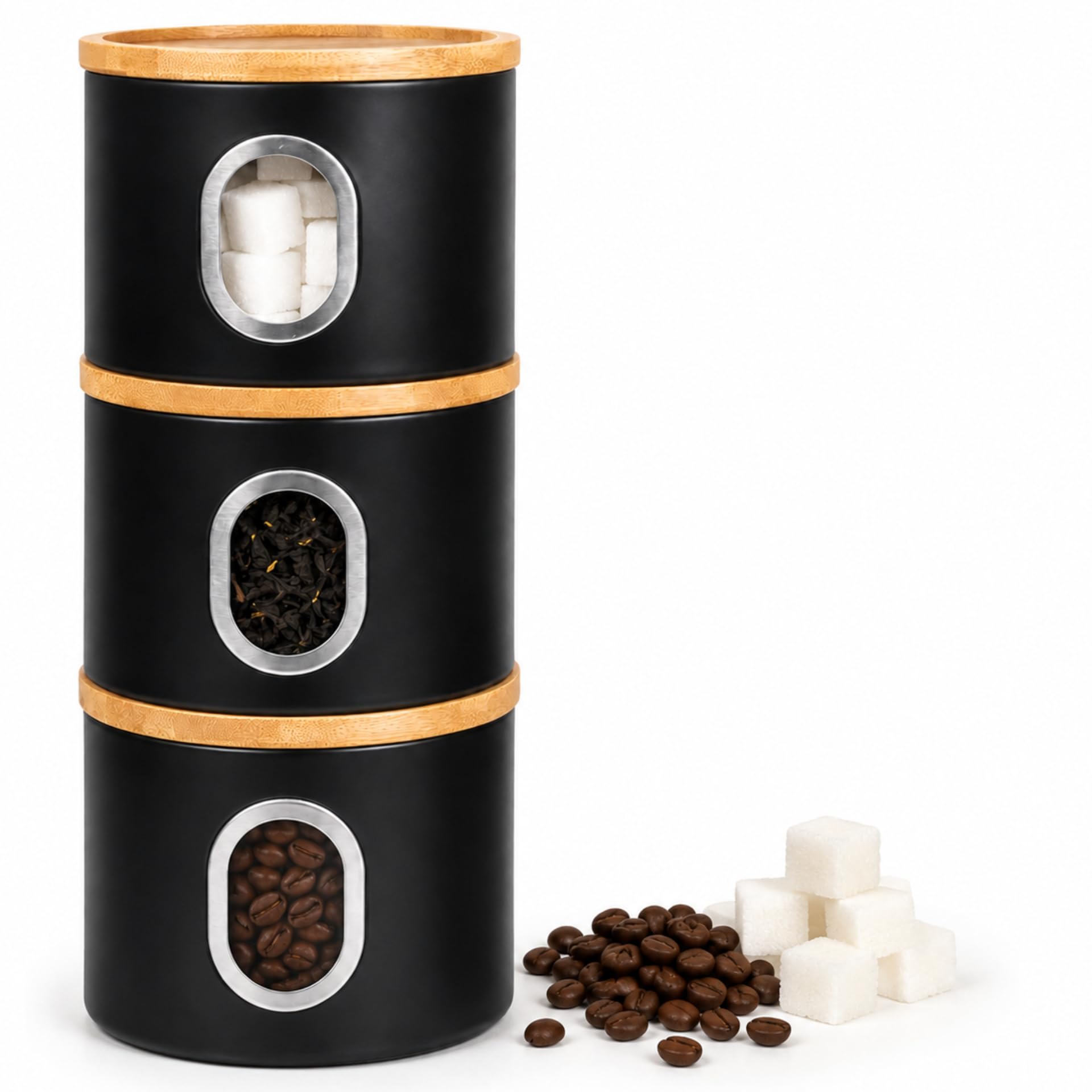 LENAK Tea Coffee Sugar Canister Set, Stackable Airtight Food Storage, Kitchen Storage Containers, Jars Tin With Transparent Window (Black)