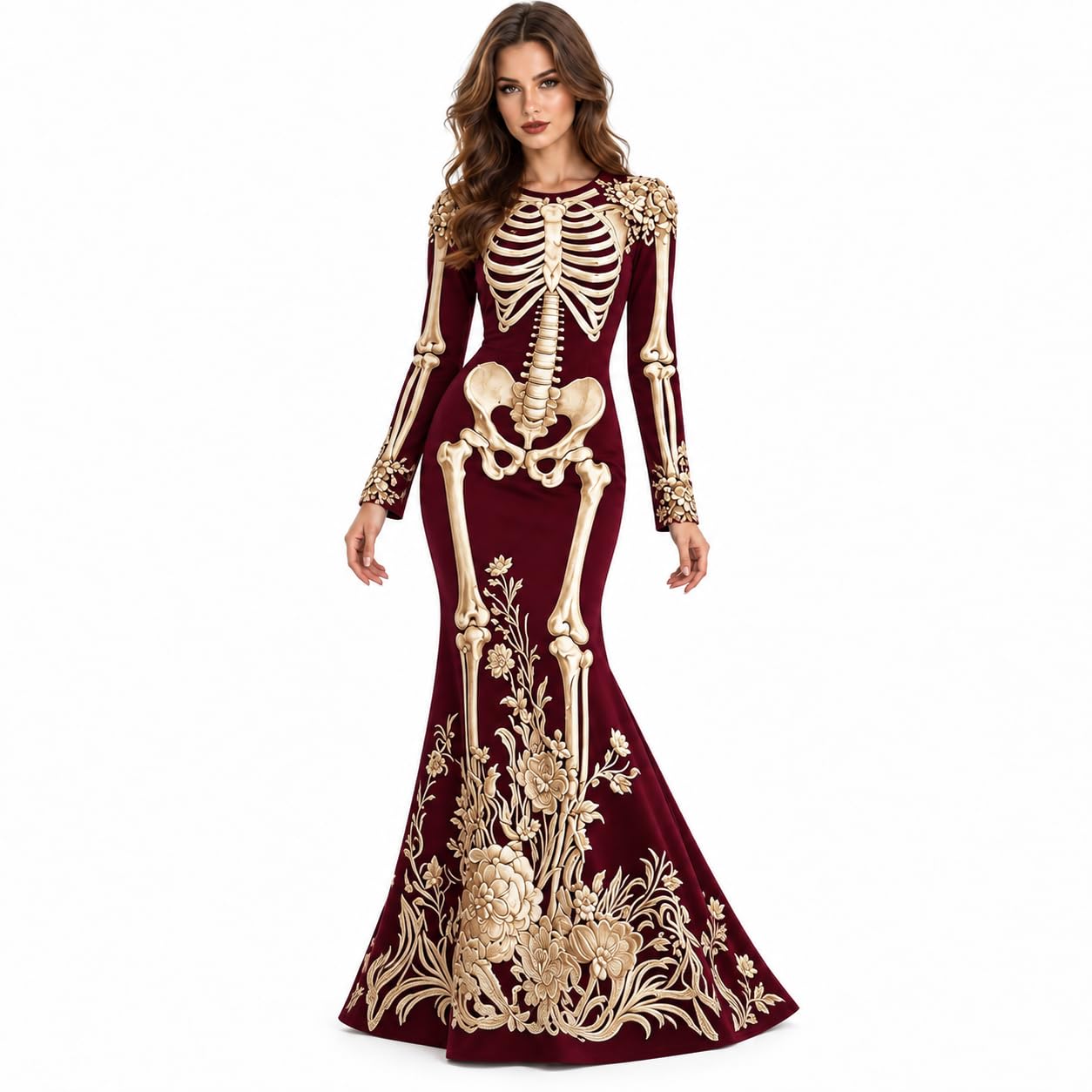 Women's Skeleton Print Mermaid Maxi Dress Long Sleeve Halloween Dresses for Women 3D Digital Print Floral Gothic Fancy Dress Costume — image 1