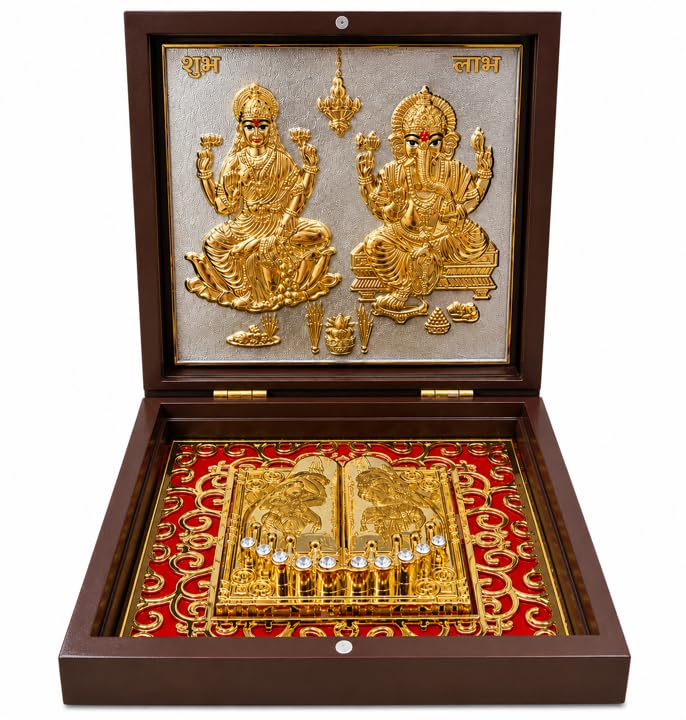 ARTSMINE 24k Gold Plated Shree Lakshmi Ganesh Pooja Box | Wedding, Corporate & Return Gift Pooja Box | Size H*L - 11.5 * 11.5 CM | Table Top Dibbi Home Decor-picture-10