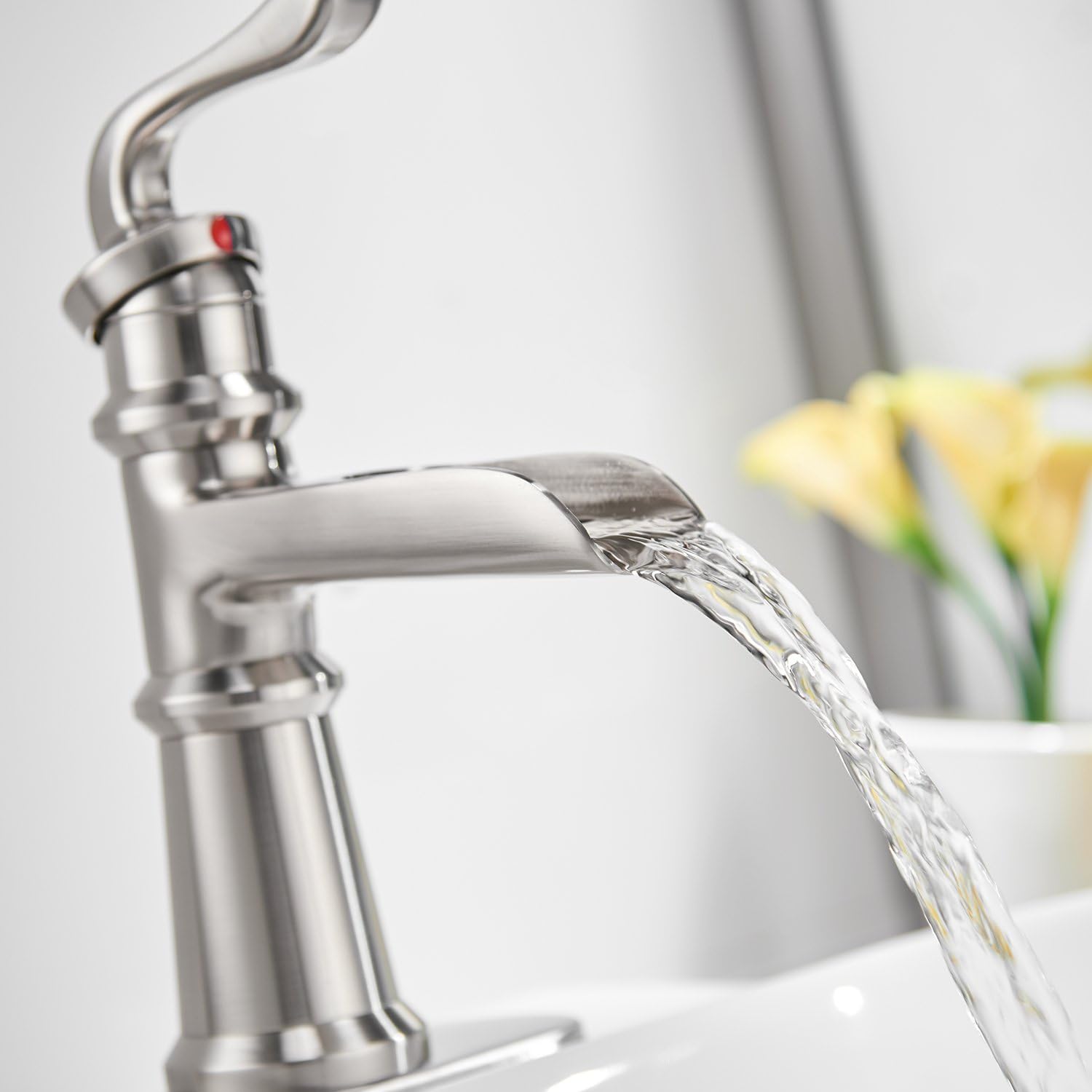 70% Off Everything BWE Bathroom Faucet Brushed Nickel Waterfall Single Hole Faucet for Bathroom Sink Single Handle Deck Mount Lavatory Restroom Bath Faucet Lead-Free