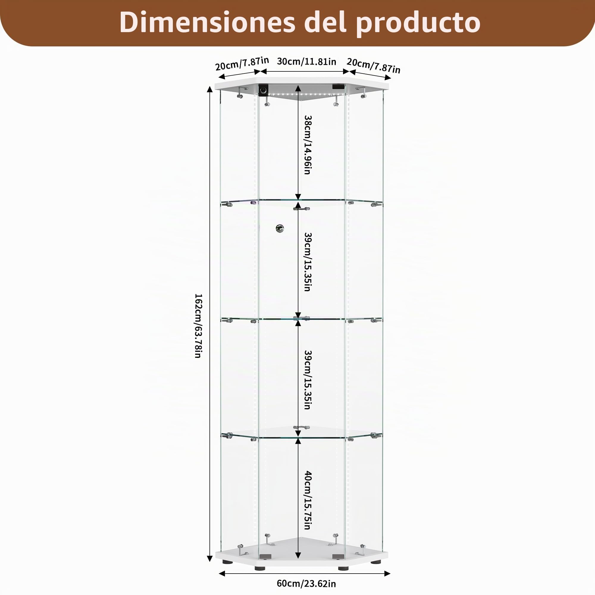 Vitrina de Cristal de Esquina, Vitrina de Cristal con LED, 4 estantes 1 Puerta con Puerta,Moderna Vitrina de Vidrio con Cerradura Vitrina Mueble Transparente para salón Bar 162 x 60 x 42.5 cm