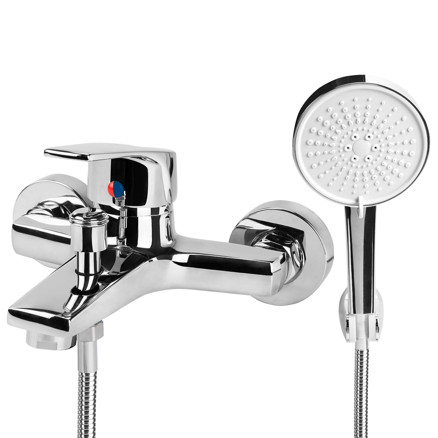 Rubinetto da Bagno a Parete con 5 Modalità Doccetta, Miscelatore Vasca in Ottone Solido, Facile Installazione Per Vasca e Doccia (Argento)