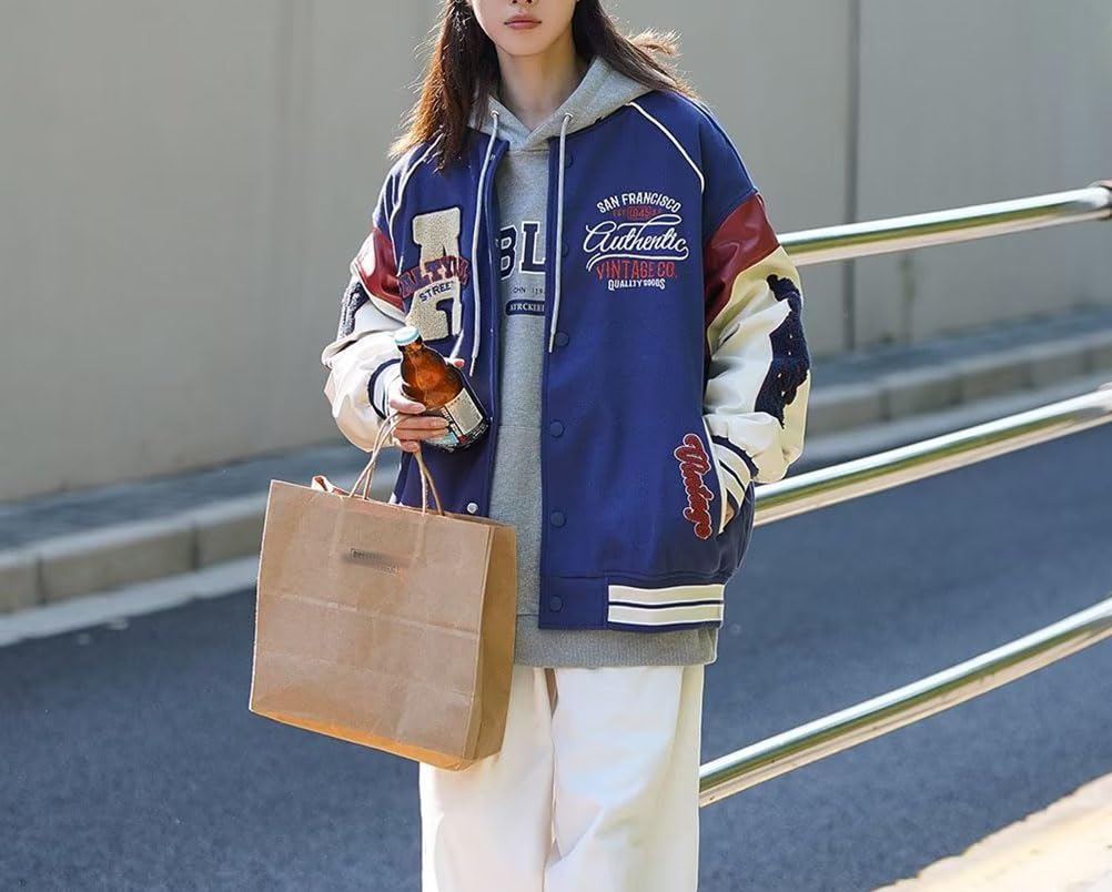 Veste De Baseball Unisexe Vintage Manteau Homme Femmes Y2K 90S College Jacket Veste Casual Blouson Oversized Bomber Veste De Survêtement Streetwear Pour Automne