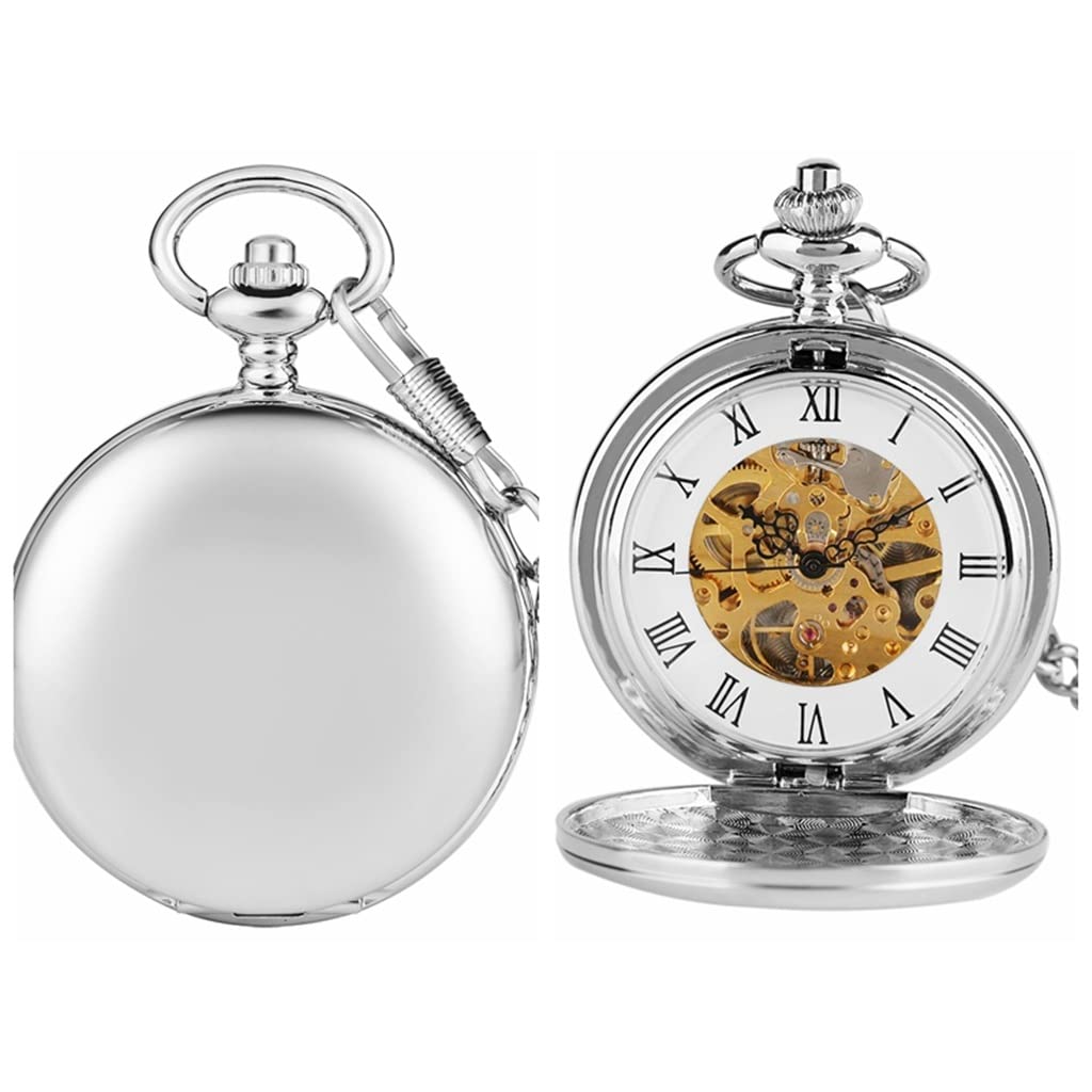 Męski srebrny zegarek z ręcznym nakręcaniem Steampunk Elegancki design Double Hollow mechaniczny zegarek kieszonkowy (kolor: A) (B)