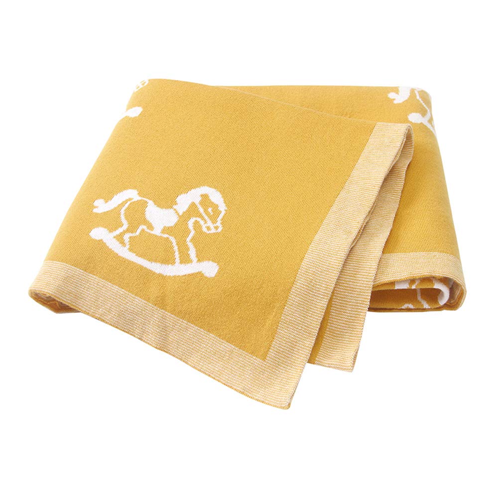 Little English Cotton Cellular Blanket - Extra Soft blanket Ideal for Prams, Cots, Car Seats and Moses Baskets. - 100% Cotton - Rocking Horse Design – Yellow - 100cm x 80cm