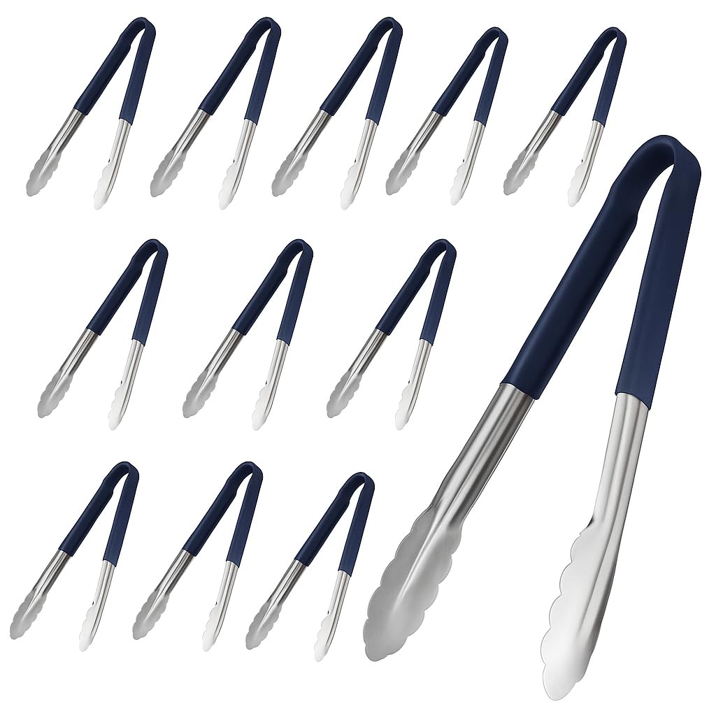 Chabrias Ltd 12-Pack 12" Utility Kitchen Tongs – Blue Colour-Coded for Fish & Seafood – Stainless Steel Tongs with Non-Slip Vinyl Grip – Dishwasher Safe Commercial Kitchen Tongs (12 inch / 30 cm)