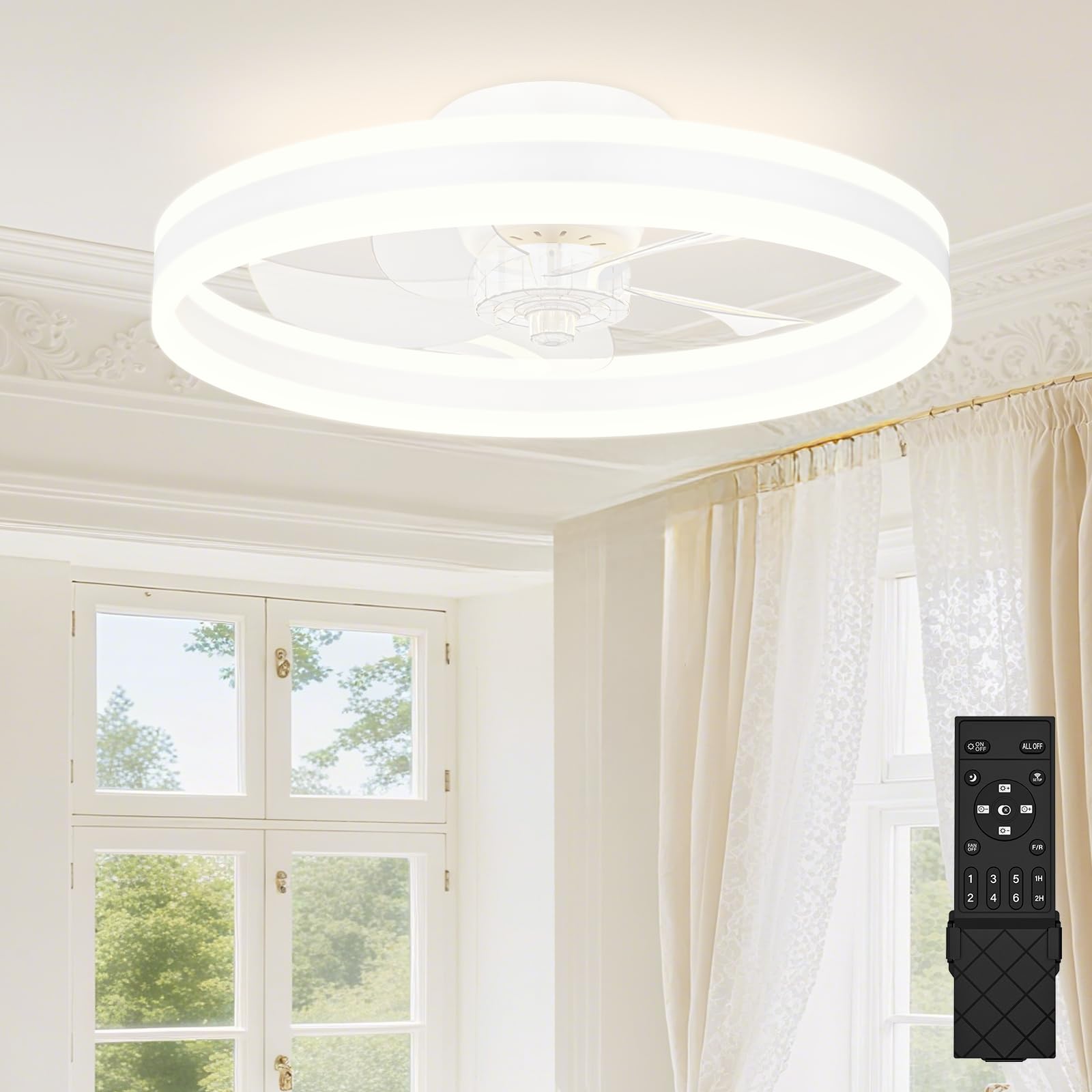 SUNKENET Ceiling Fans with Lights and Remote, 40cm Ceiling Fan Light, 3000K-6500K Dimmable Smart LED Fan Light, 6 Wind Speeds & Reversible, White Modern Queit Fan Light Ceiling for Bedroom