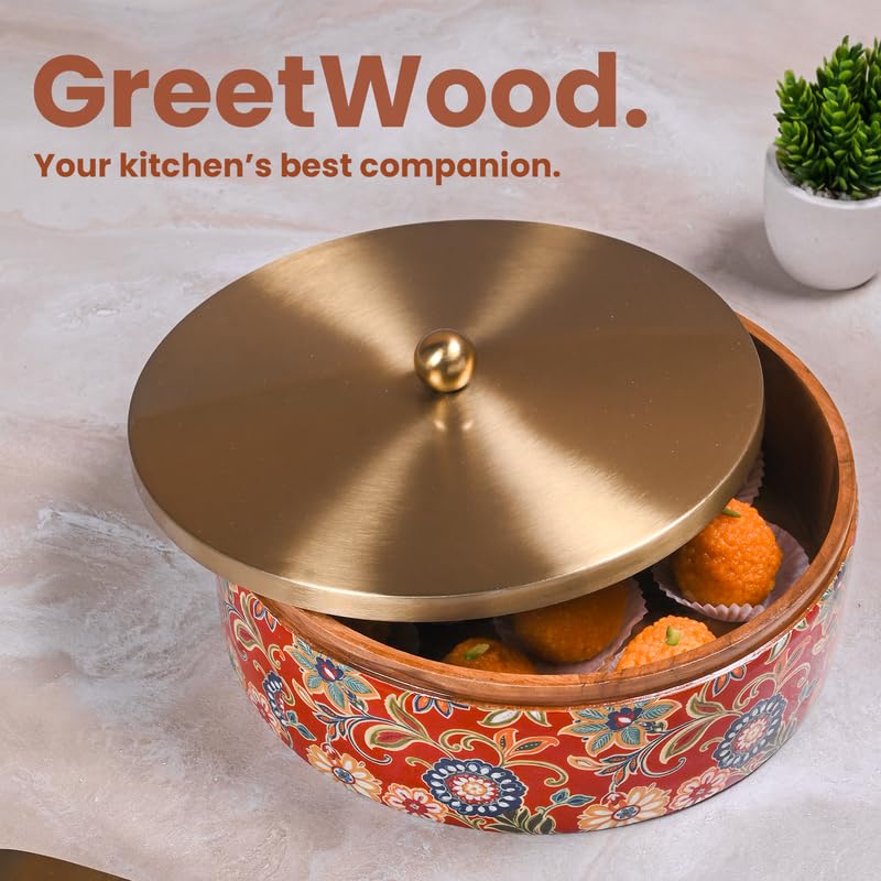 Image of Wooden Chapati Box for Kitchen - Casserole for Roti with Stainless Steel Brass Lid | Wooden Chapati Box with 1 Tong | Traditional Kitchen Organizer - Royal Red & Golden (Printed)