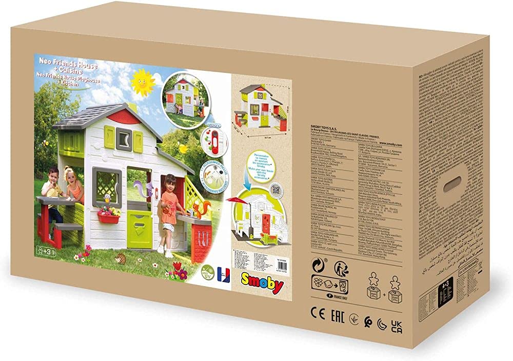 Smoby- Casita Infantil Neo Friends House Con Cocina, 1,72m de Alto, 2 Puertas de Entrada, Timbre Electrónico, Mesita Exterior, Posibilidad de Añadir Múltiples Accesorios, Para Niños a Partir de 3 Años