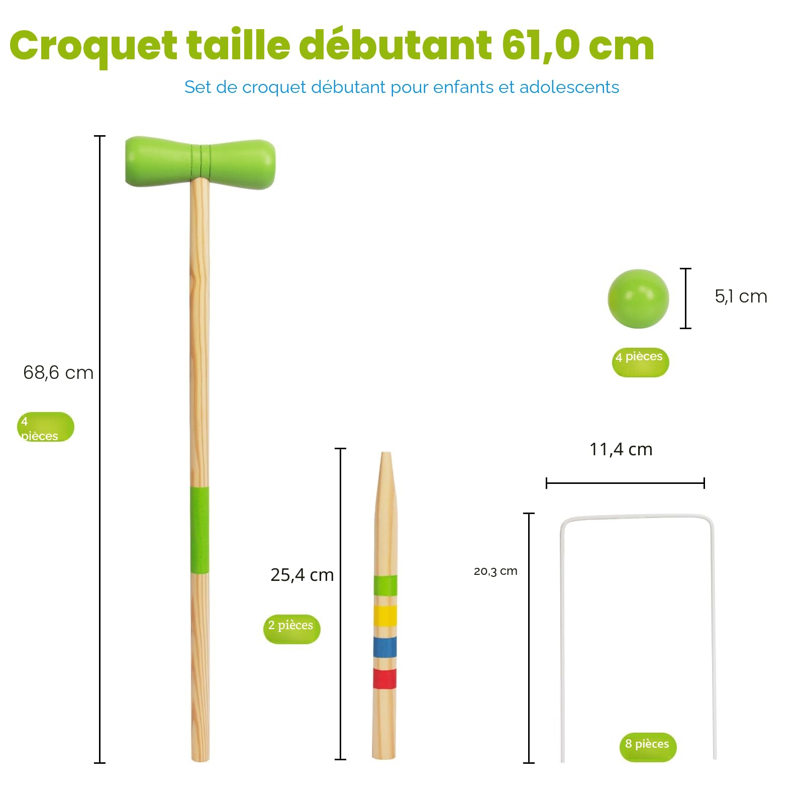 WOODENFUN Jeu de croquet en bois pour 4 joueurs, enfants, adultes, extérieur, jeu de croquet amusant pour garçons et filles à partir de 3 ans (diverses)