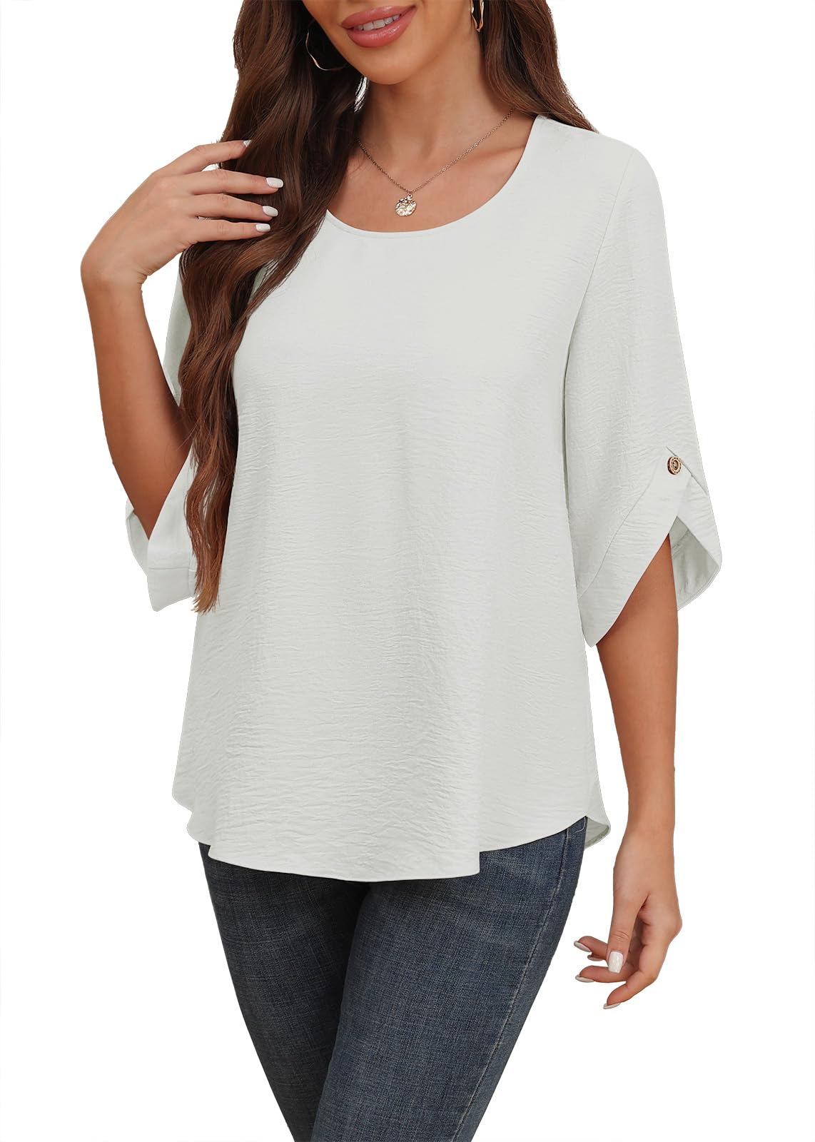 Askyes Women's 2026 Summer Chiffon Blouses Bell Short Sleeve Tshirts Casual Loose Flowy Dressy Work Tops for Leggings Blouse