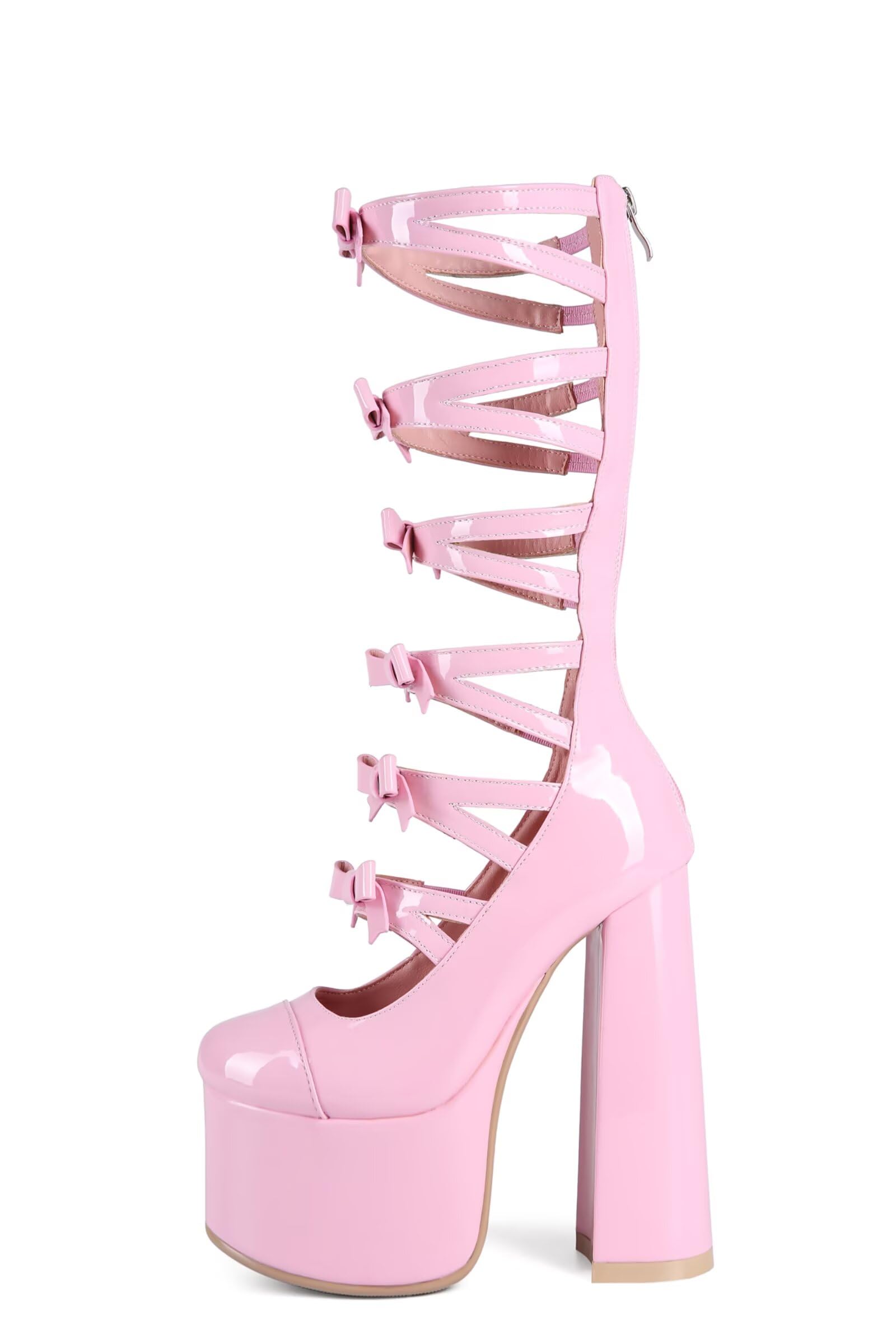 Kawaii Sweet Lolita Chunky Platform Knee High Heeled Boots, Cosplay Anime Patent Bow Ribbon, Y2K Gothic Hot Cute Lovely Girl Big Large Size Shoes For Women Men