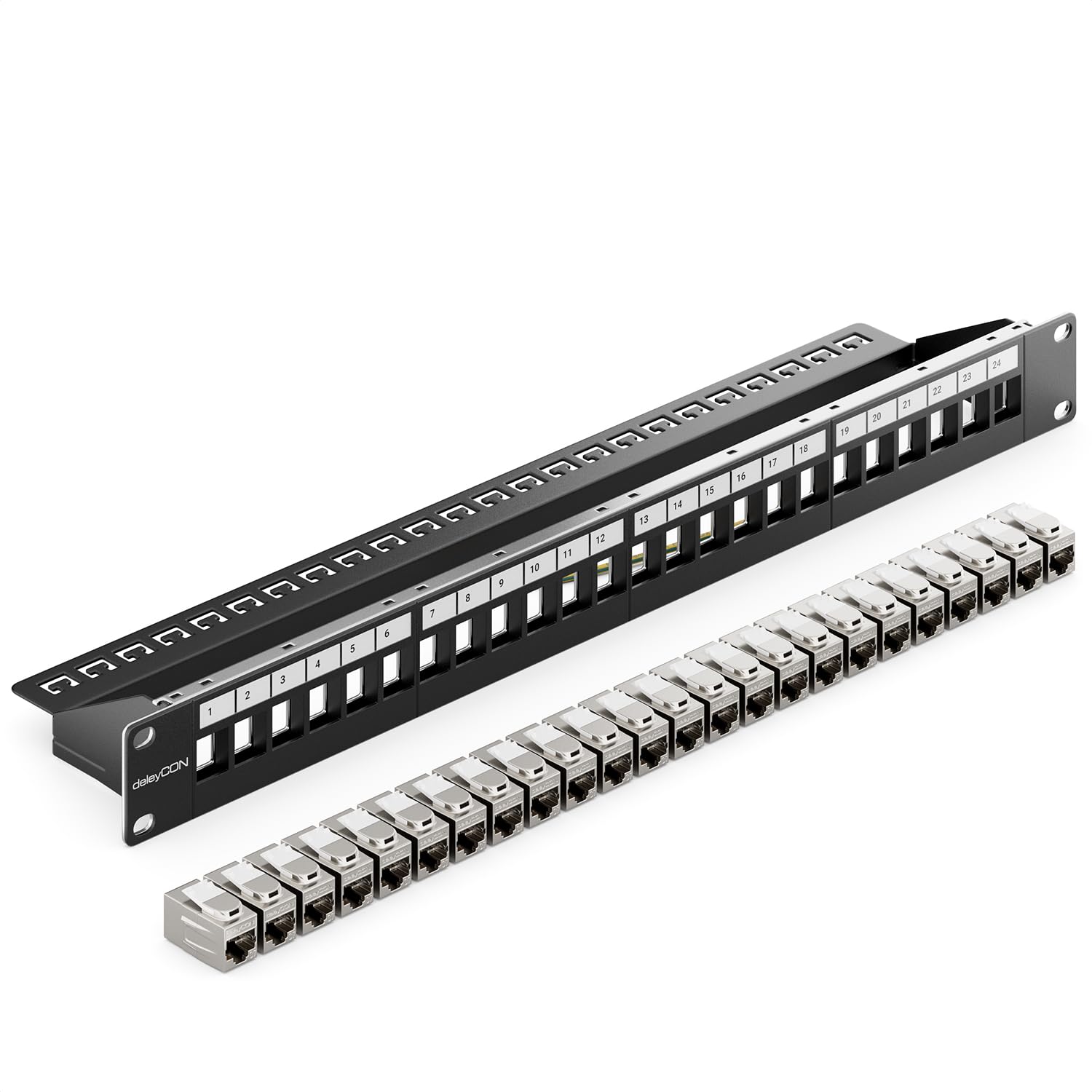 deleyCON 24 Port CAT 7 Panneau Patch Modulaire 1 HE + 24x RJ45 Coupleur (Prise vers Prise) CAT 7 Keystone Module - 19" Pouces Montage Rack Serveur Compatible avec CAT5 CAT6 CAT7 CAT8 Câble Patch Noir