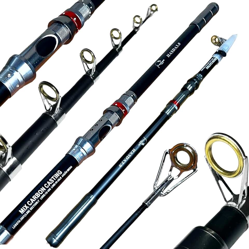 VARA DE PESCA PESCARIA PESADA PRAIA COSTAO TELESCOPICA P/MOLINETE ALTO MAR HASDA 3.0M - 10-35LB - EM CARBONO E ALUMINIO - PEIXE GRANDE - PESQUEIRO - COSTEIRA