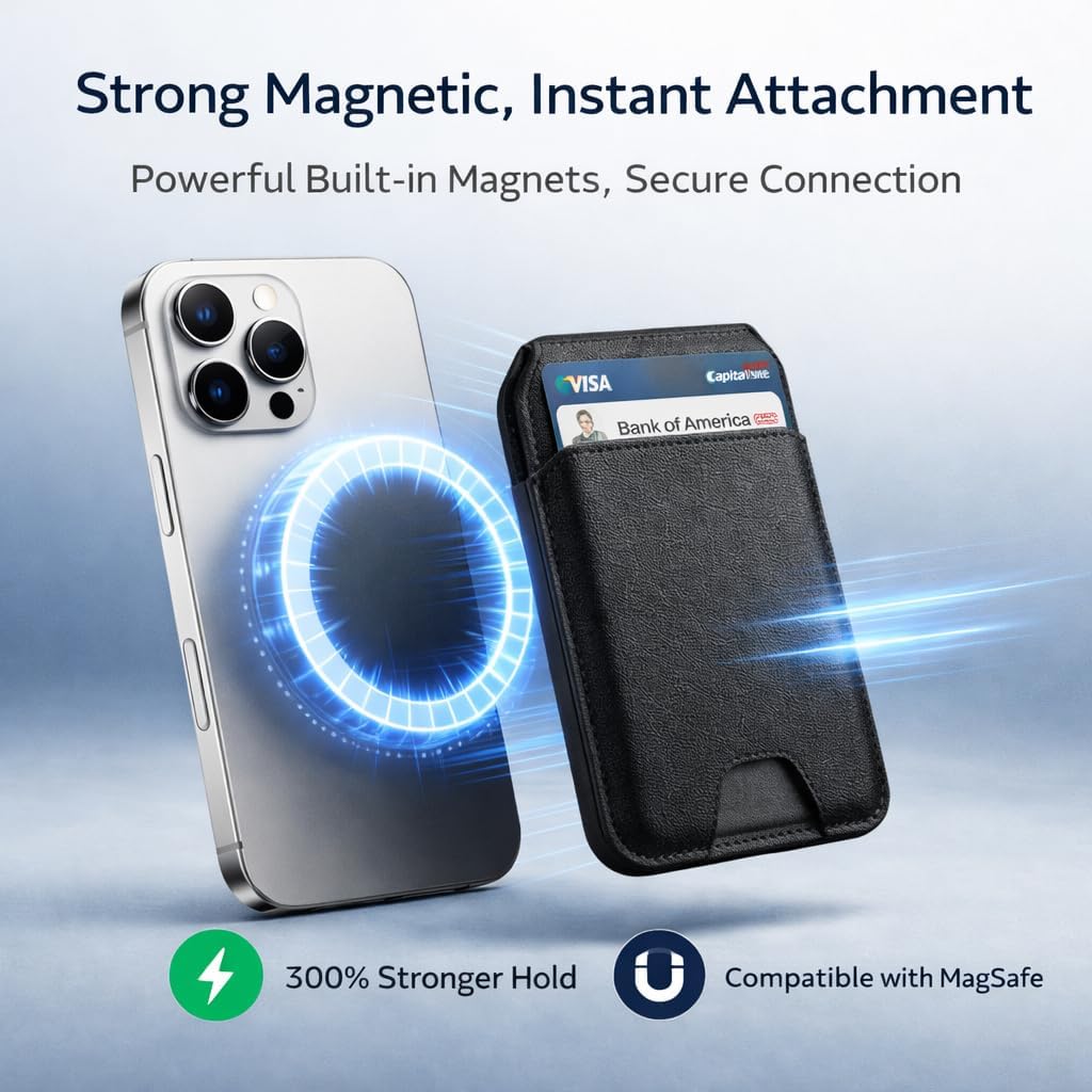 Magnetic Wallet with Stand, Slim Magnetic Card Holder for iPhone 12–17 Series, PU Leather Phone Card Case, Holds Up to 4 Cards(Black)