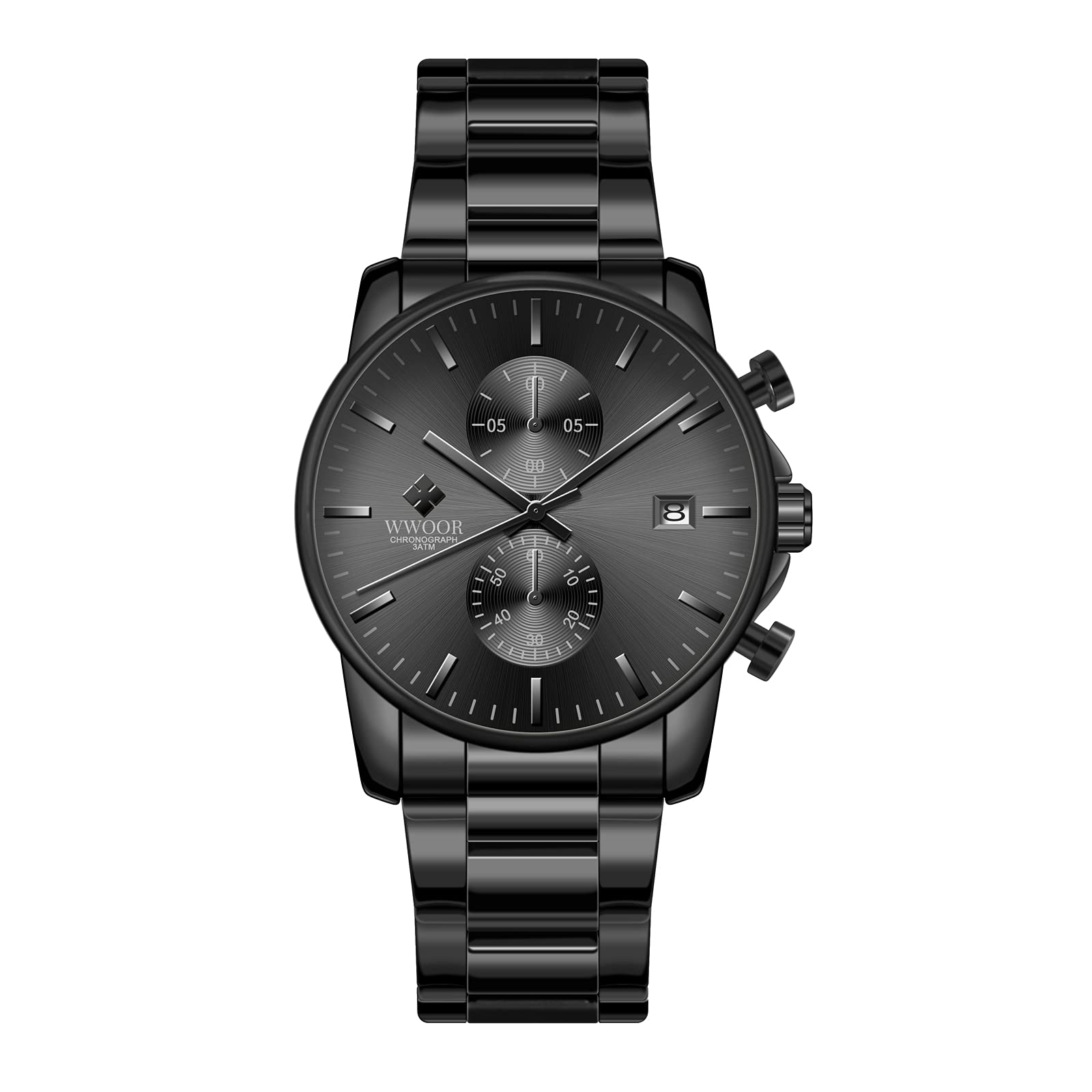 Montre bracelet pour homme avec montre à quartz chronographe étanche en acier inoxydable et métal, date automatique sur les mains colorées, extensible en acier inoxydable, réglable, Noir, 1, Bracelet