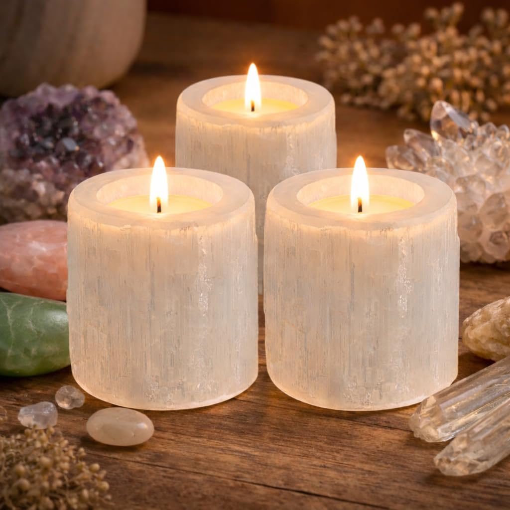 NKlaus 3x Portacandele in Selenite Naturale 6x6cm Gemma Candeliere Decorazione Cristallo di Quarzo 15593
