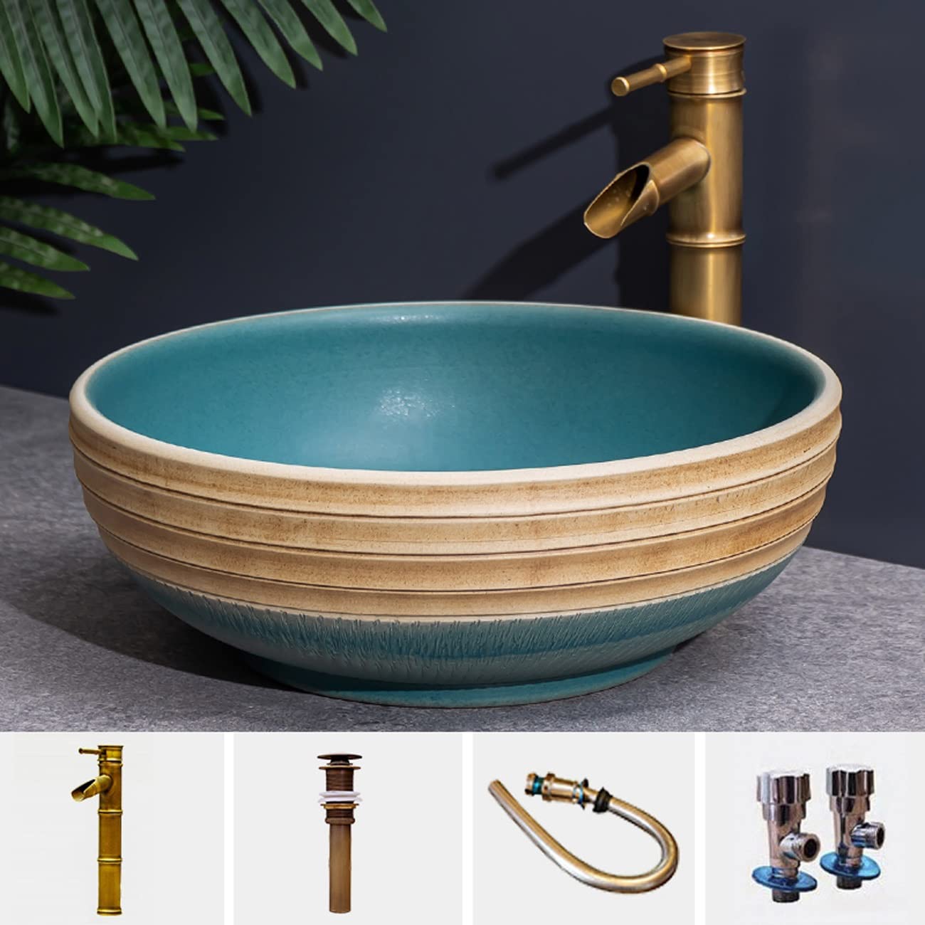 Umywalka Nablatowa, Porcelanowa, Ceramiczna, Z Baterią Bambusową I Odpływem Automatycznym