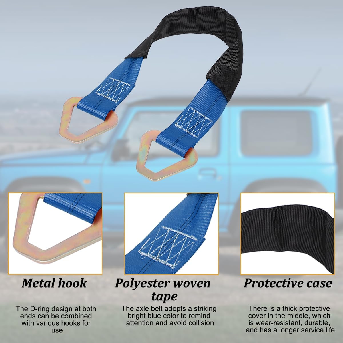 2PCS Car Axle Tie Down Straps, 24 x 2 6000 Lb Capacity Vehicle Wrecker Hauler Wheel Tie Down Strap with D Rings, Heavy Duty Automotive Accessories, Universal for Tow Truck Off-Road (Blue)