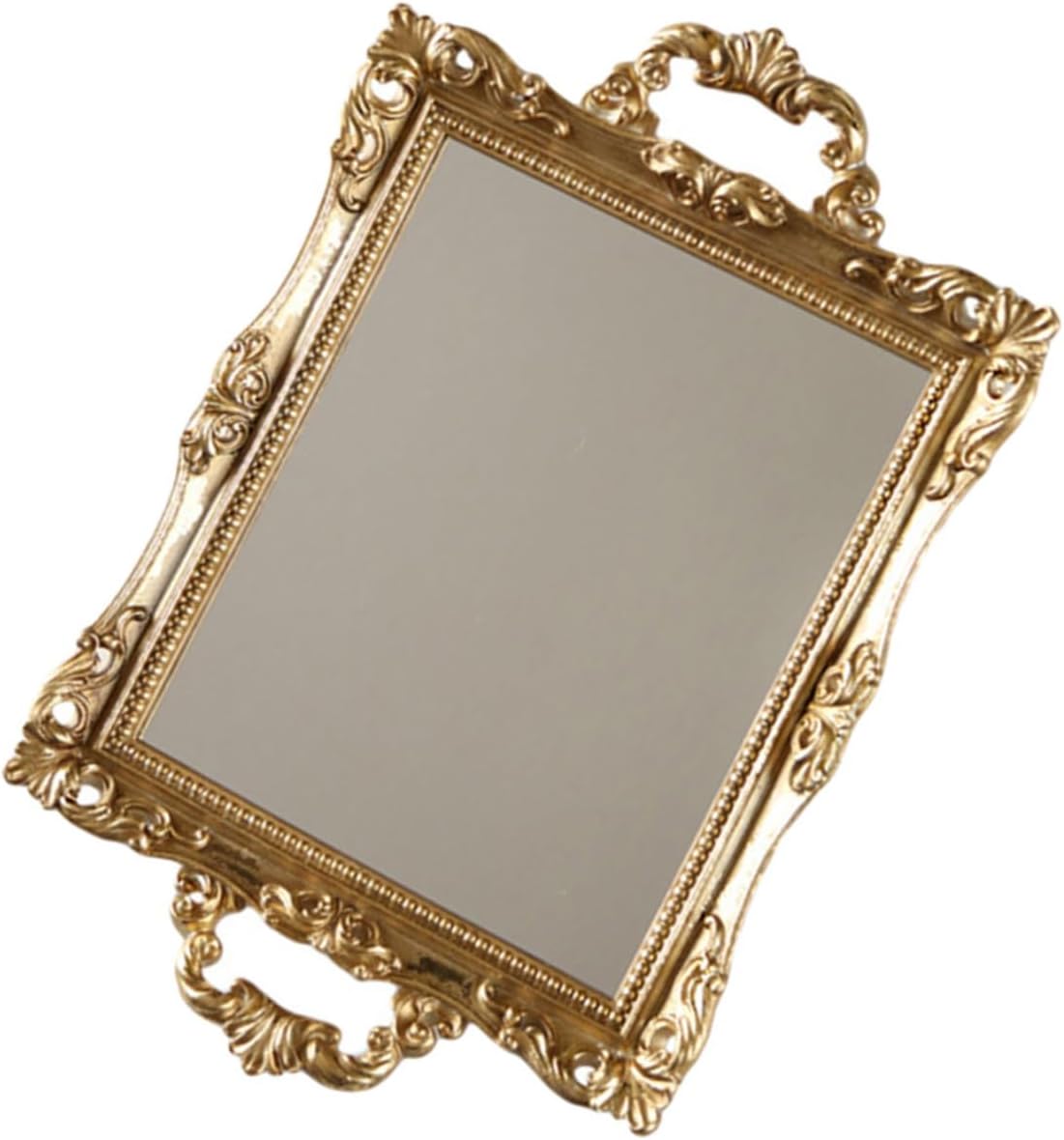 Vintage Carved Mirror Tray Gold Resin Decorative Tray for Wedding Dessert Table Makeup and Perfume Storage Home Décor Accent