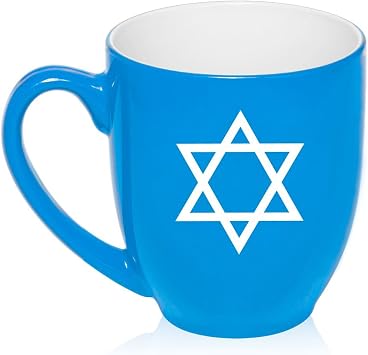16 oz Large Bistro Mug Ceramic Coffee Tea Glass Cup Jewish Star of David Light Blue