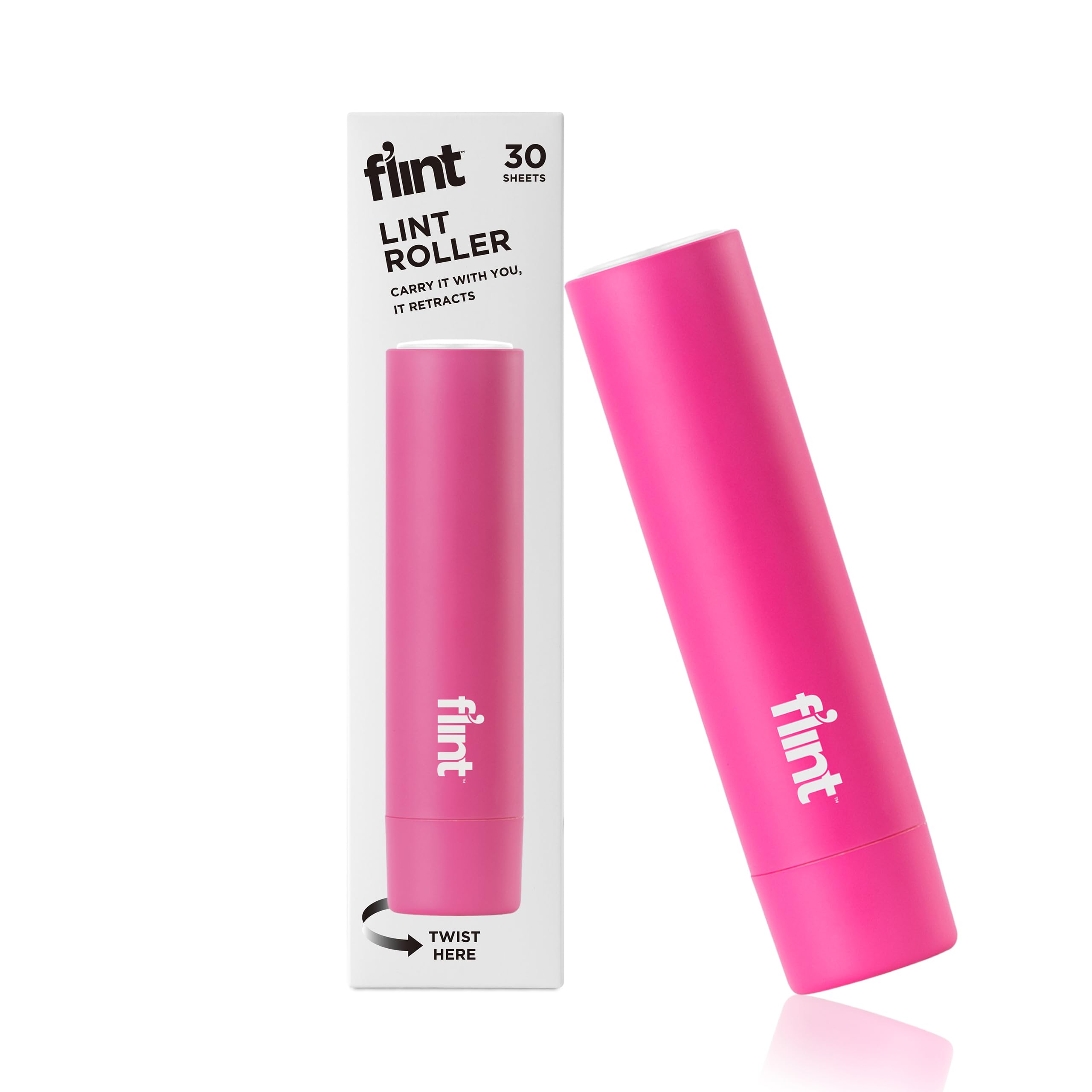Flint Classic Pink Retractable Mini Lint Roller with 30 Extra Sticky Sheets, Small and Portable Lint Roller, Ideal Pet Hair Remover, Travel Lint Rollers for pet Hair Extra Sticky