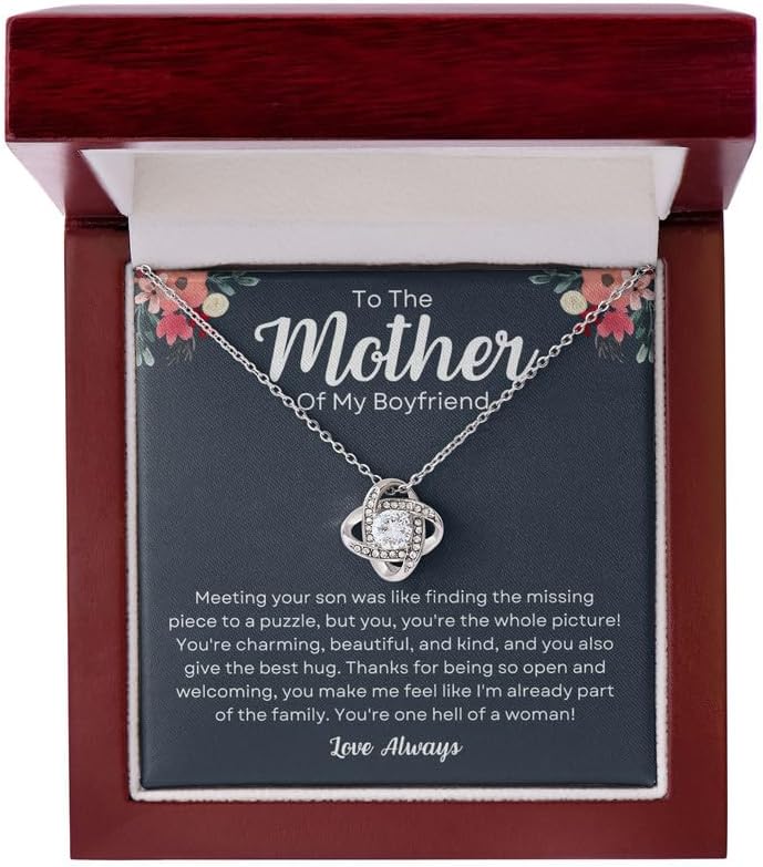 To My Boyfriend's Mom Necklace Message Card Box Love Knot Silver Mahogany - You're Charming, Beautiful - Relationship Mother in Law Meaningful