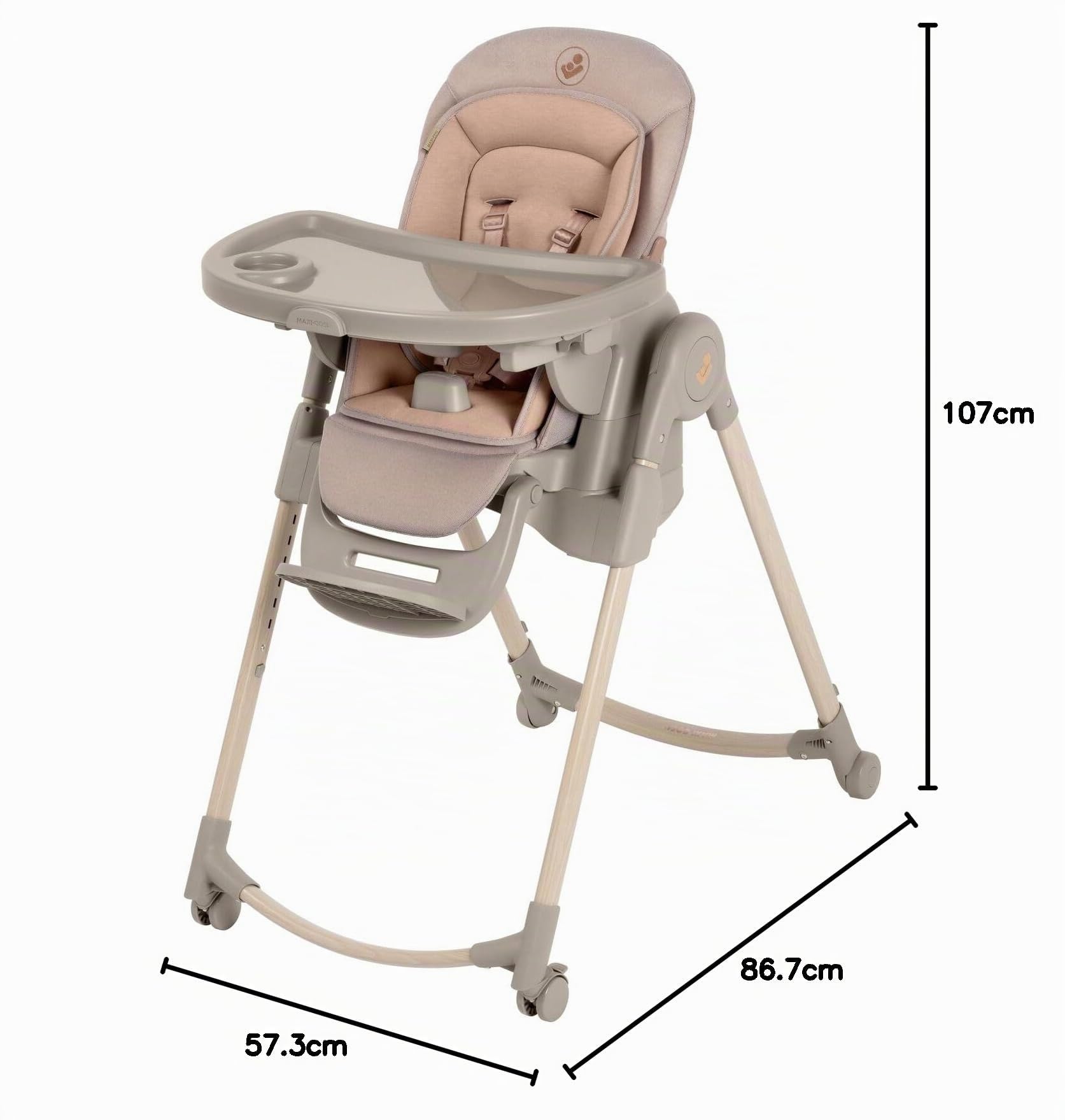 Maxi-Cosi Minla Plus, chaise haute évolutive de 0 à 14 ans (0–60 kg), avec plateau pivotant à une main, 4 roues, 9 hauteurs, 5 inclinaisons, pliable compact, Elegance Terra.