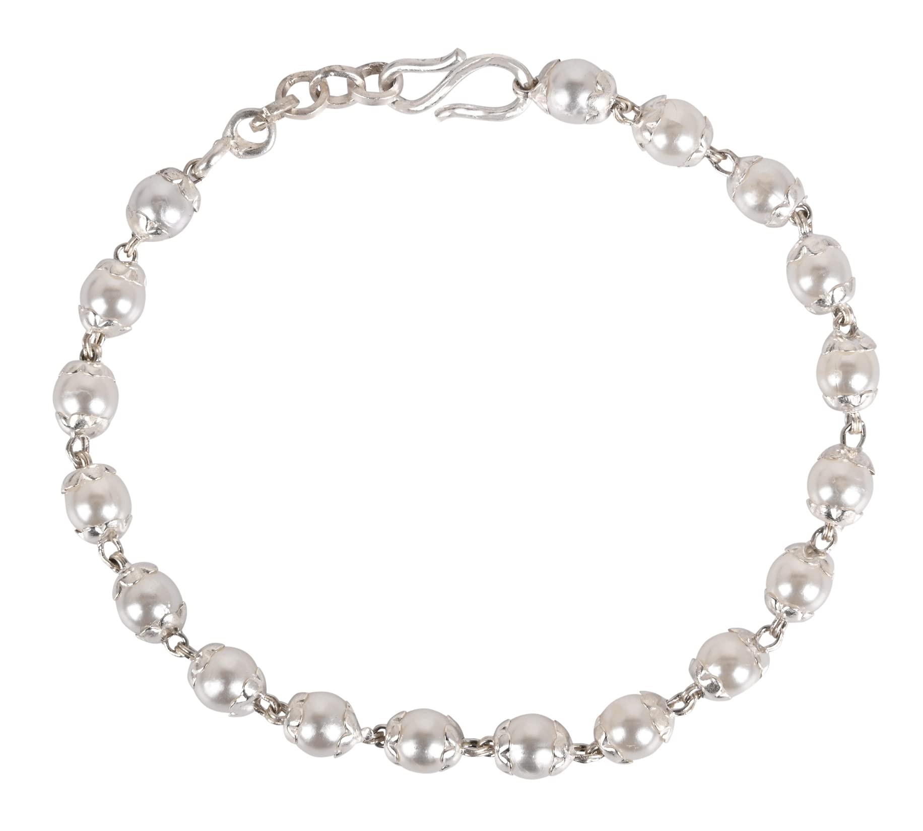 NjelsMen's & Women's 925 BIS Hallmarked Certified by Gemological Laboratory Handmade Dual Silver Wire Cultured Freshwater Stylish Adjustable Size 6.0 mm Pearl Silver Bracelet (White )