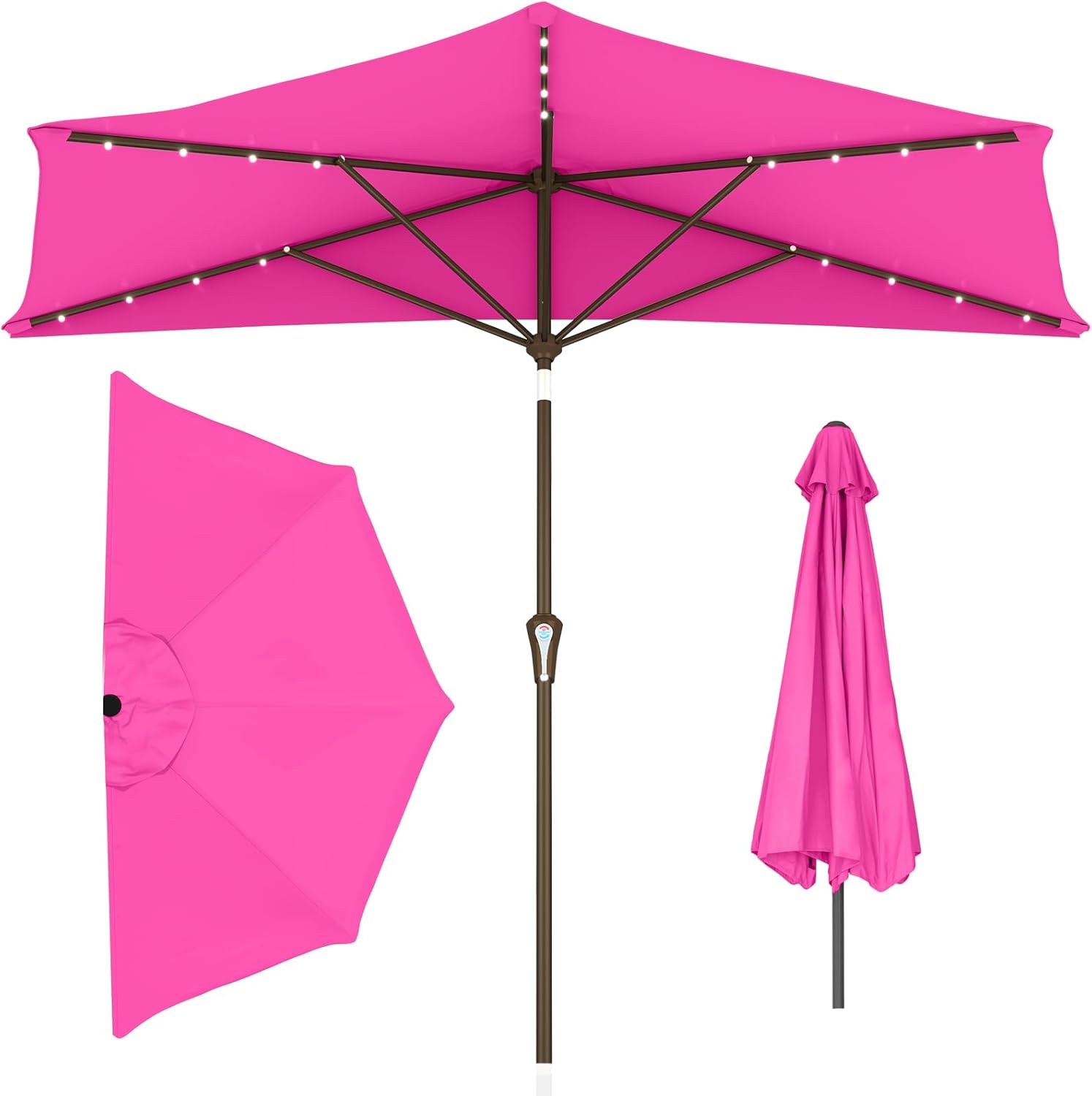 9ft lighted half round patio umbrella, wall umbrella sun shade with 5 heavy duty rib, uv protection water resistant outdoor umbrella with solar led lights for poolside, balcony, rose pink 9ft